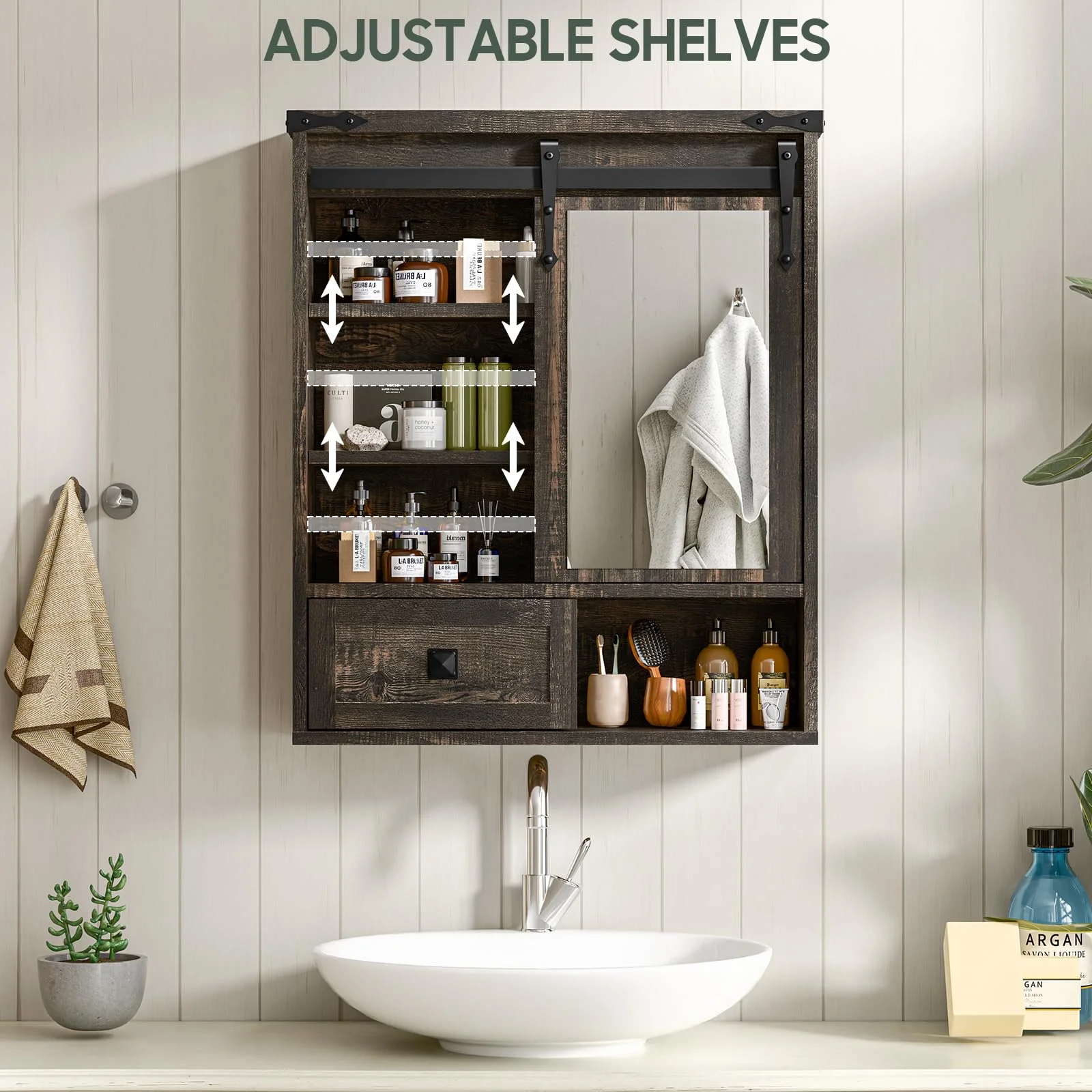 Vabches Farmhouse Bathroom Wall Storage Cabinet with Sliding Mirror Door, Adjustable Shelves, Over The Toilet Storage, Dark Rustic Oak - Image 5