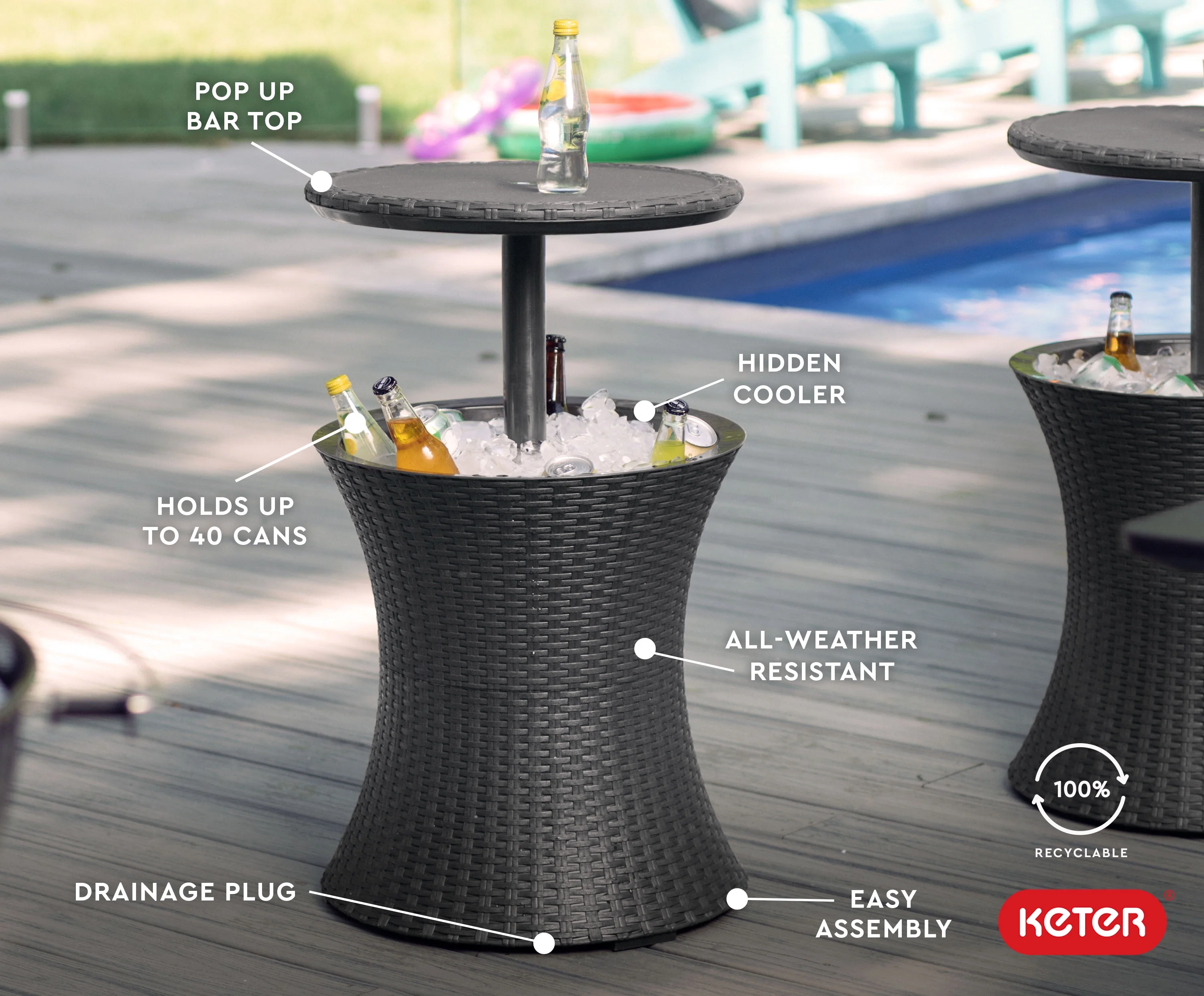 Keter Pacific 7.5 Gallon Cool Bar 2 in 1 Weather Resistant Side Table and Bar Durable Resin Outdoor Patio Beverage Cooler Table, Rattan Look Brown - Image 26