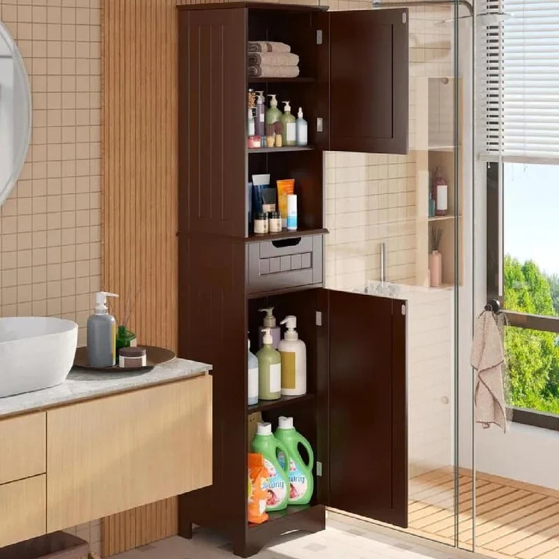 67 Inch Tall Narrow Bathroom Linen Cabinet, 5-Tier Solid Wood Freestanding Storage Cabinet - Image 2