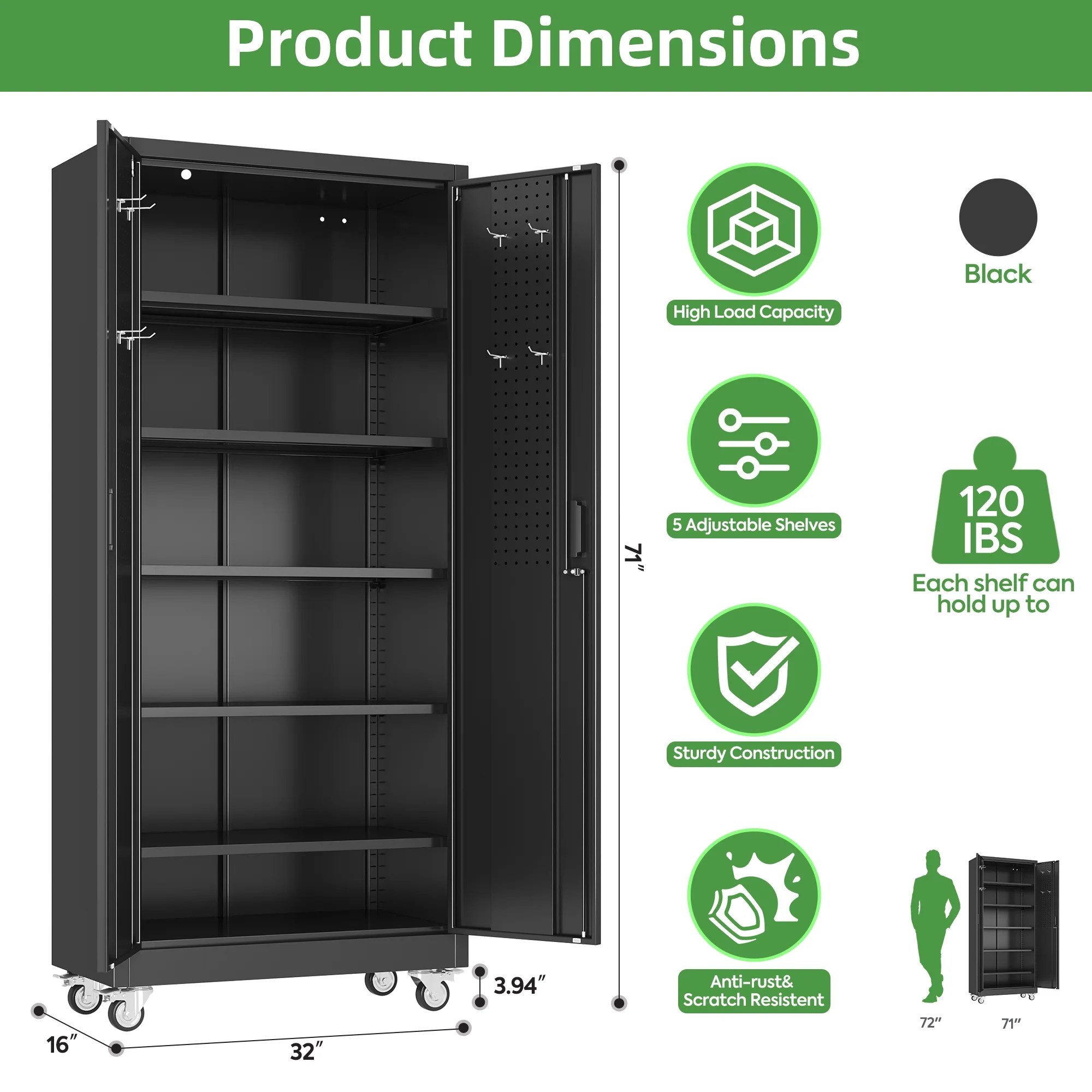 SUPEER Metal Rolling Storage Cabinets with Locking Doors and 5 Adjustable Shelves, Steel Garage Storage Cabinet for Garage, Office, Classroom, Assemble Required(Black) - Image 8