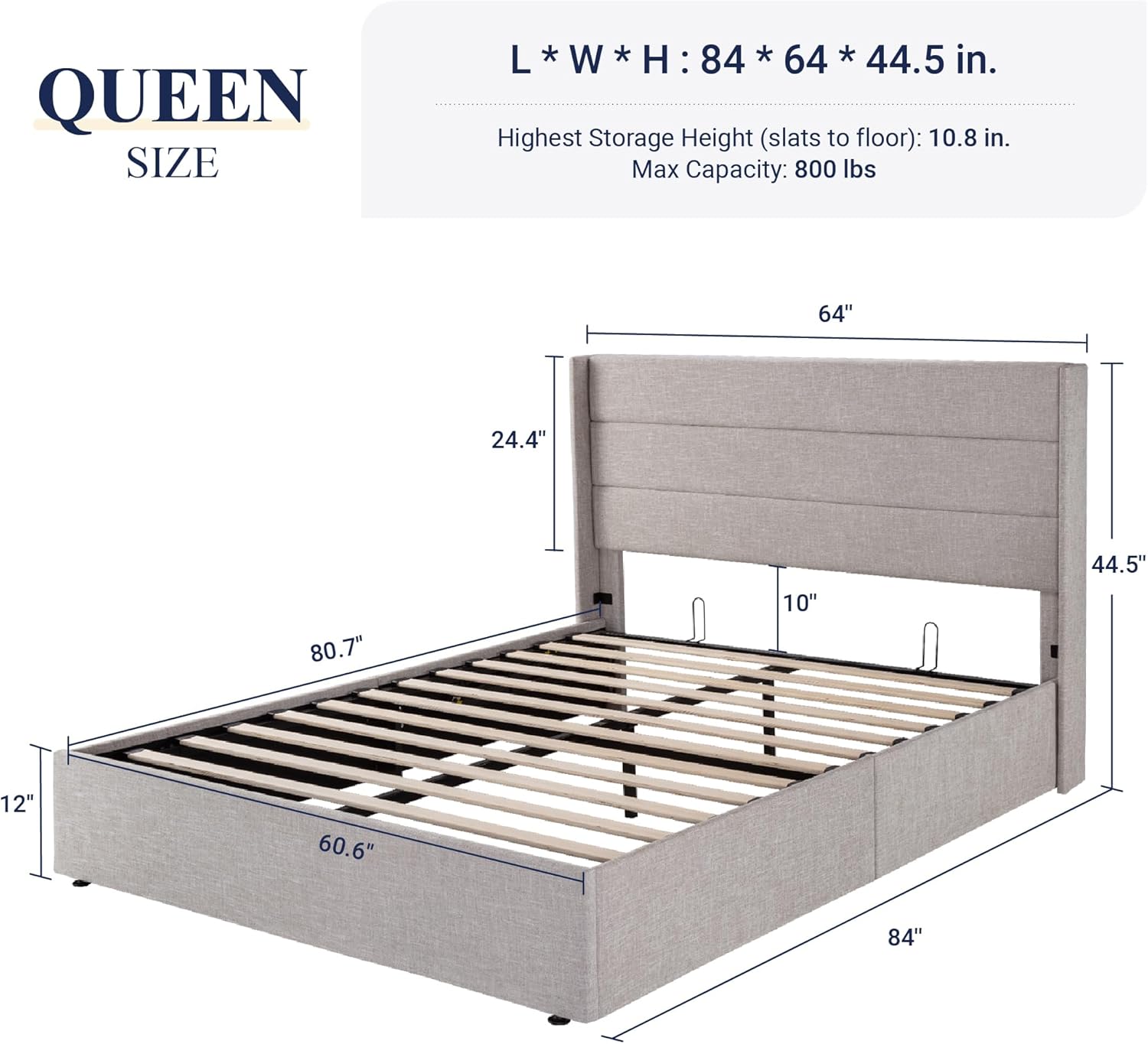 Queen Size Lift Up Storage Bed with Wingback Headboard, Upholstered Platform Bed Frame with Hidden Storage - Image 2