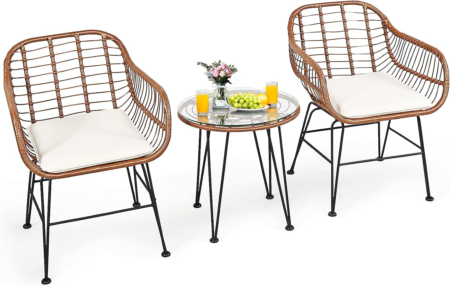 3 Pieces Patio Bistro Set, Rattan Conversation Set with 2 Cushioned Armchairs & Round Glass Coffee Table, Indoor Outdoor Wicker Furniture Set for Balcony, Backyard, Garden, Poolside - Image 2