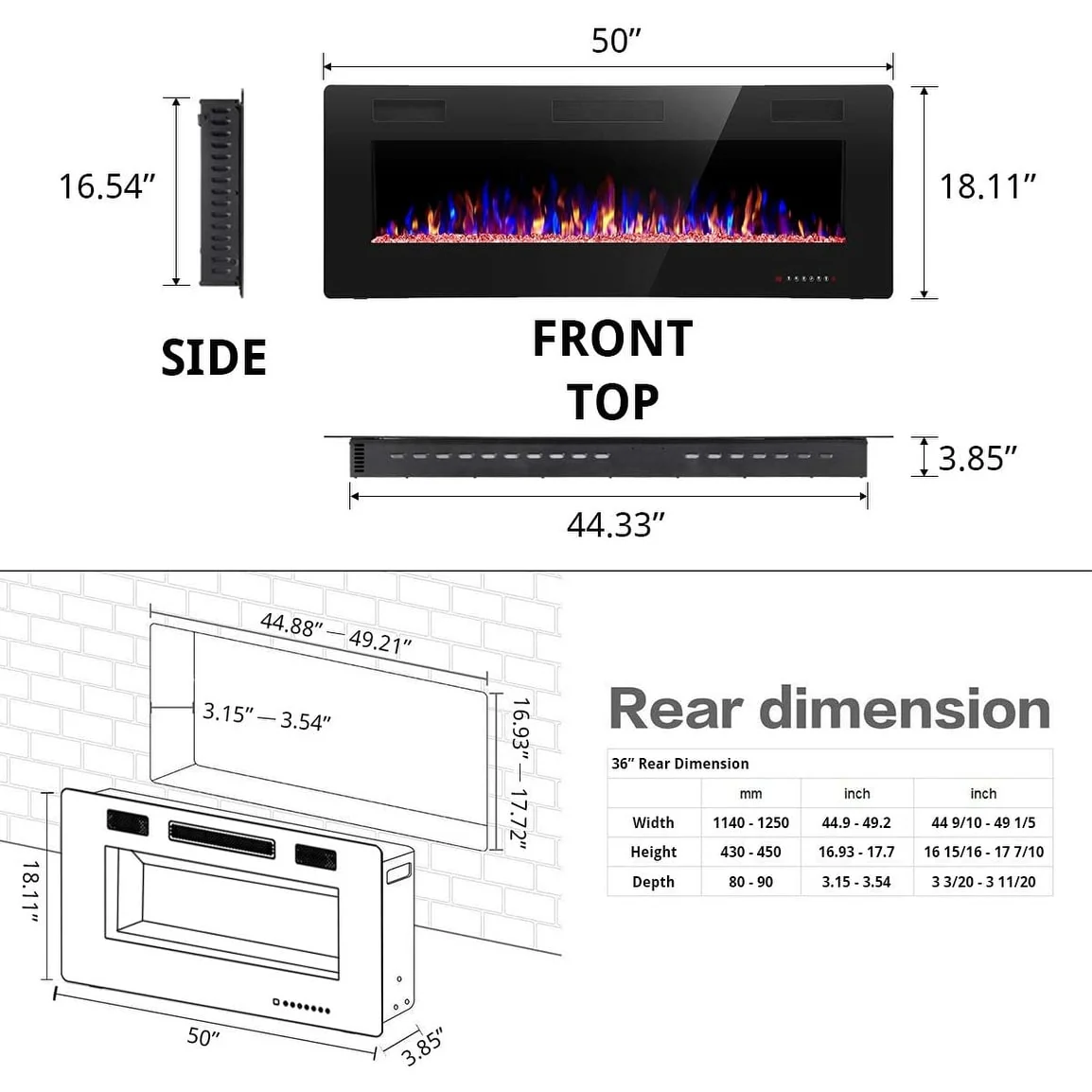 Recessed Electric Fireplace Heater, Wall Mounted 750-1500W Fireplace with Remote Control - Image 13