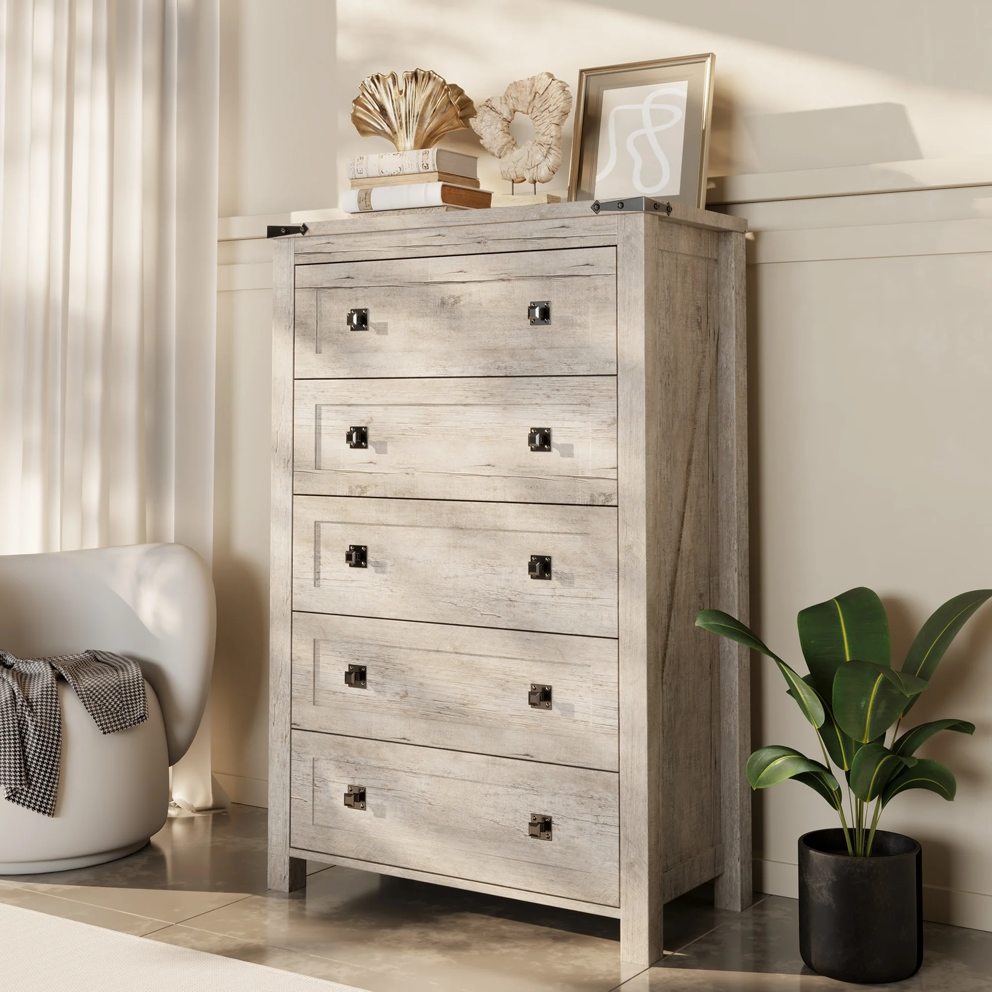 48 Inch Tall Farmhouse Wood Dresser, 5 Drawer Chest of Drawers for Bedroom - Image 6