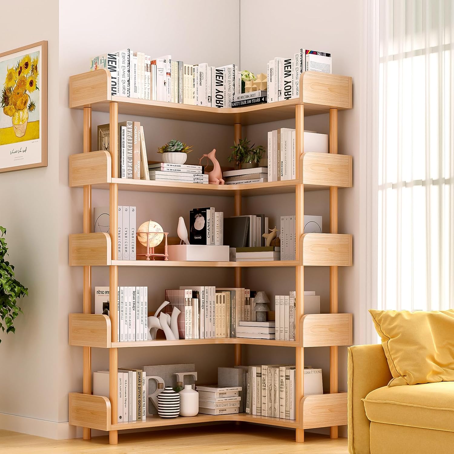 5-Tier Reversible Corner Bookshelf, L-Shaped Shelf, Oak - Image 6