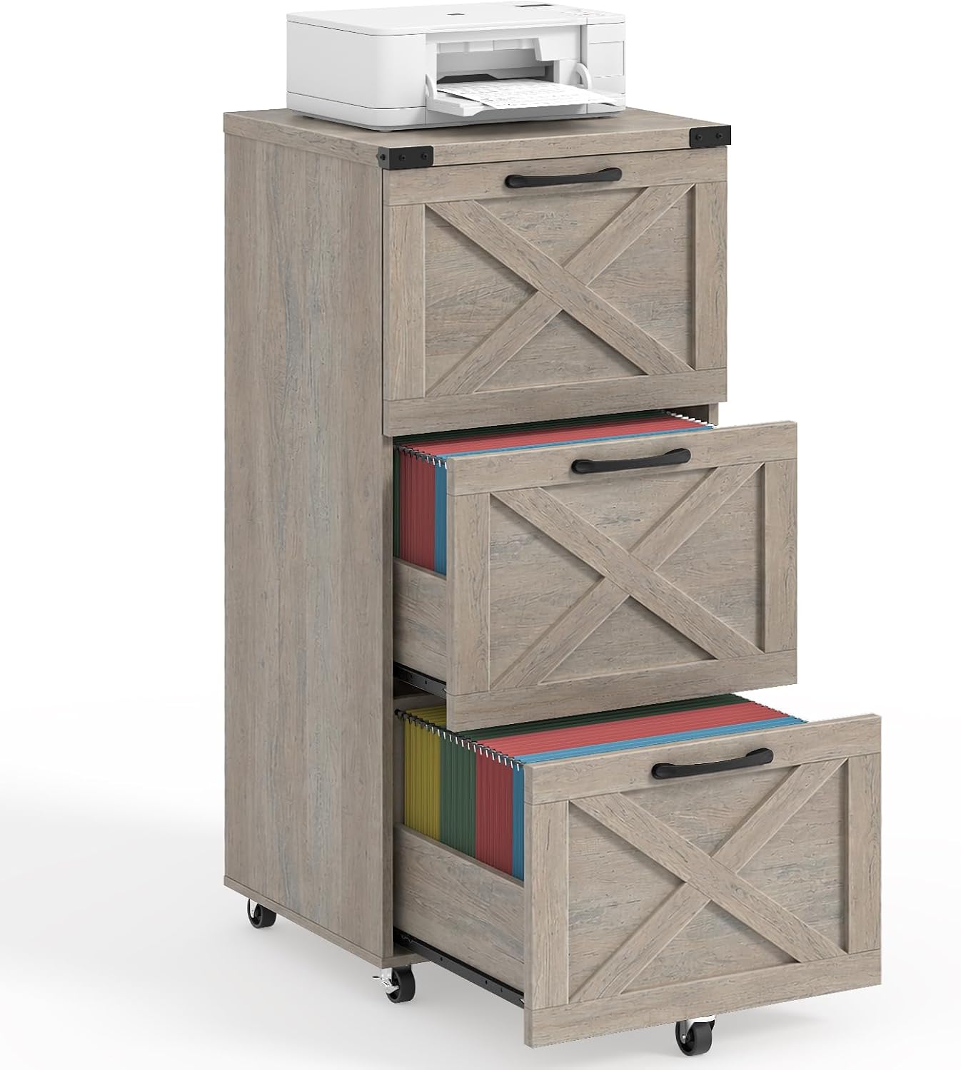 3 Drawers Tall Farmhouse File Cabinet with Wheels, Rustic White - Image 11