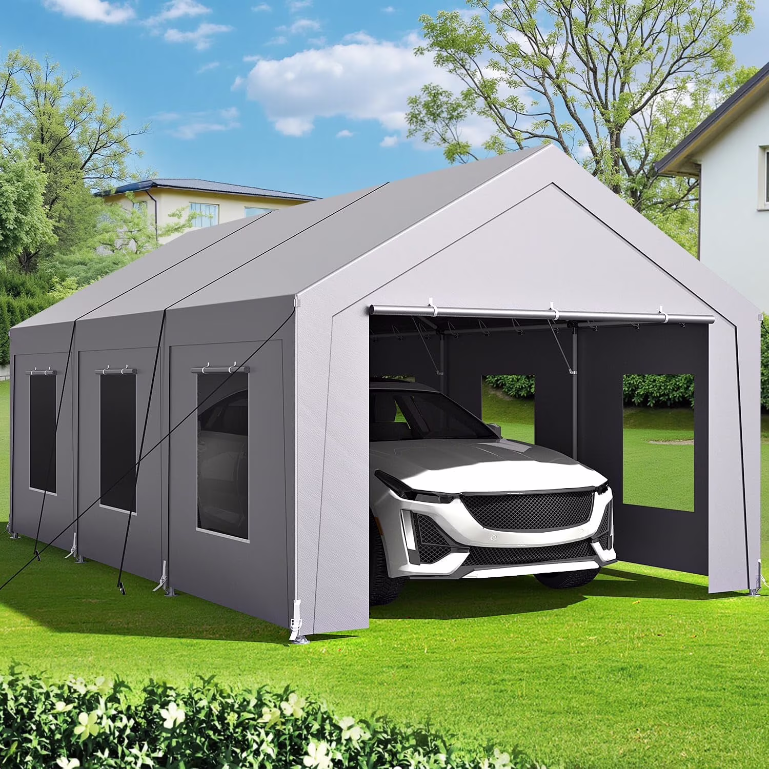 Vitarpatio Carport, 10x20 ft Heavy Duty Car Port Canopy with 6 Roll-up Windows, Reinforced Metal Carport Portable Garage Waterproof Car Tent with Removable Sidewalls & Door - Image 2