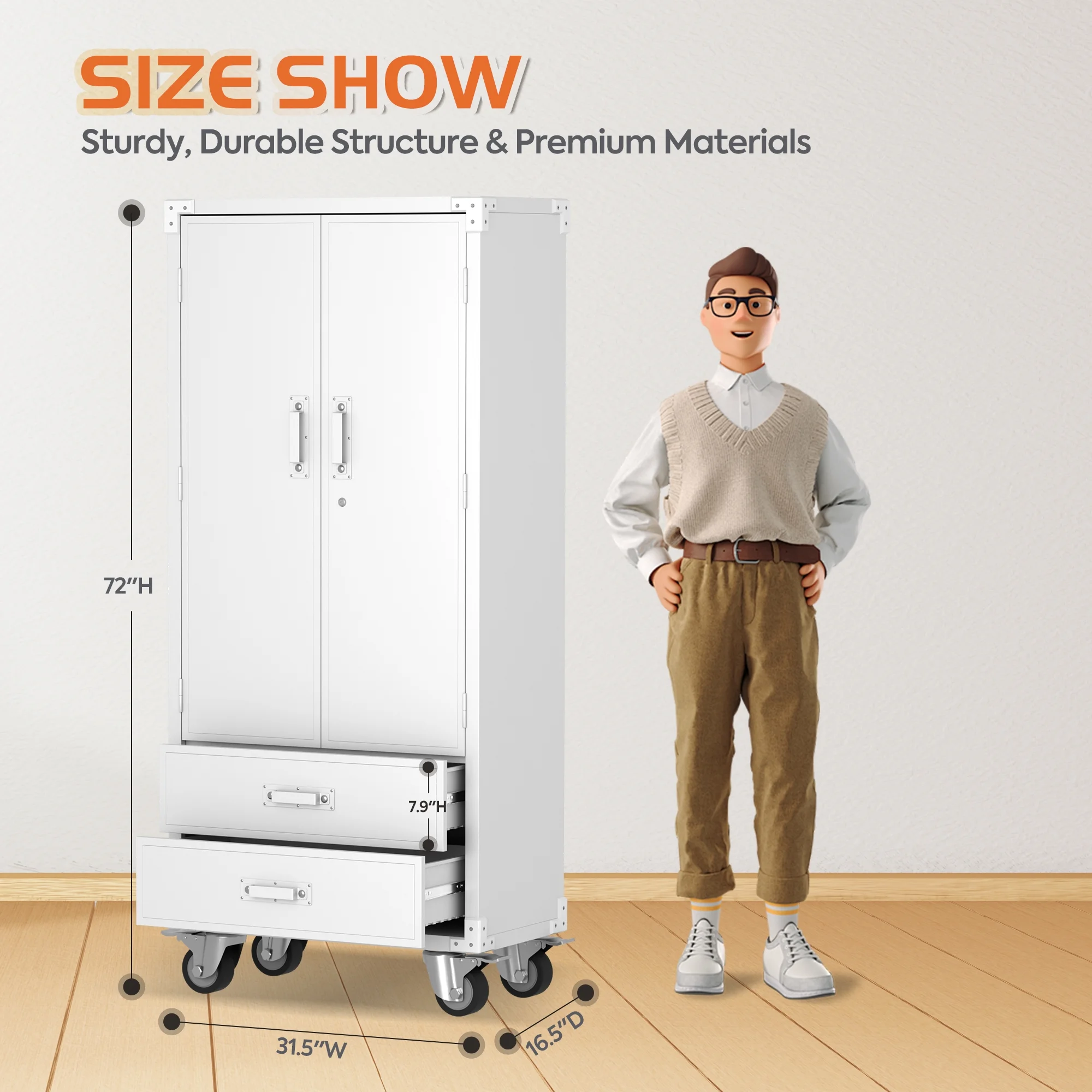SUPEER 71" Metal Storage Cabinets with Wheels and Pegboards, Industrial Cabinet with 2 Drawers and 2 Adjustable Shelves,, Assembly Required - Image 120