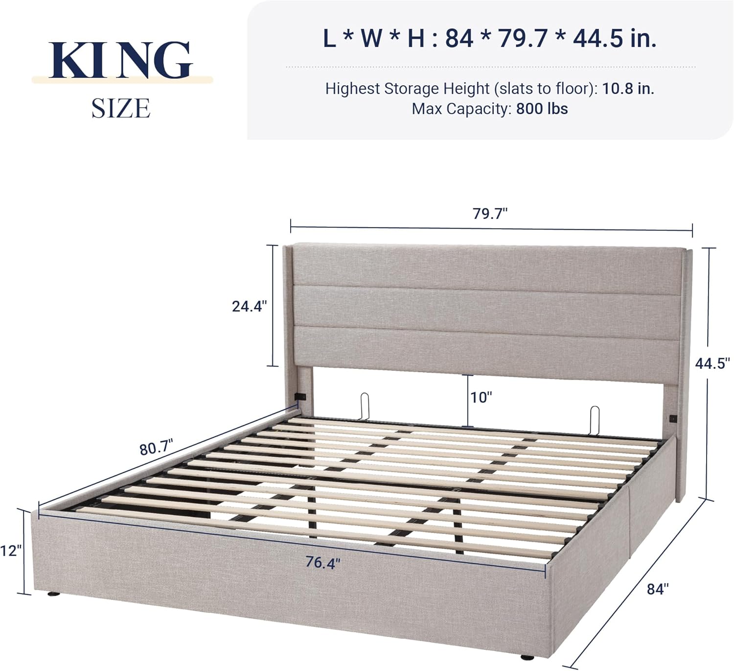 Queen Size Lift Up Storage Bed with Wingback Headboard, Upholstered Platform Bed Frame with Hidden Storage - Image 93