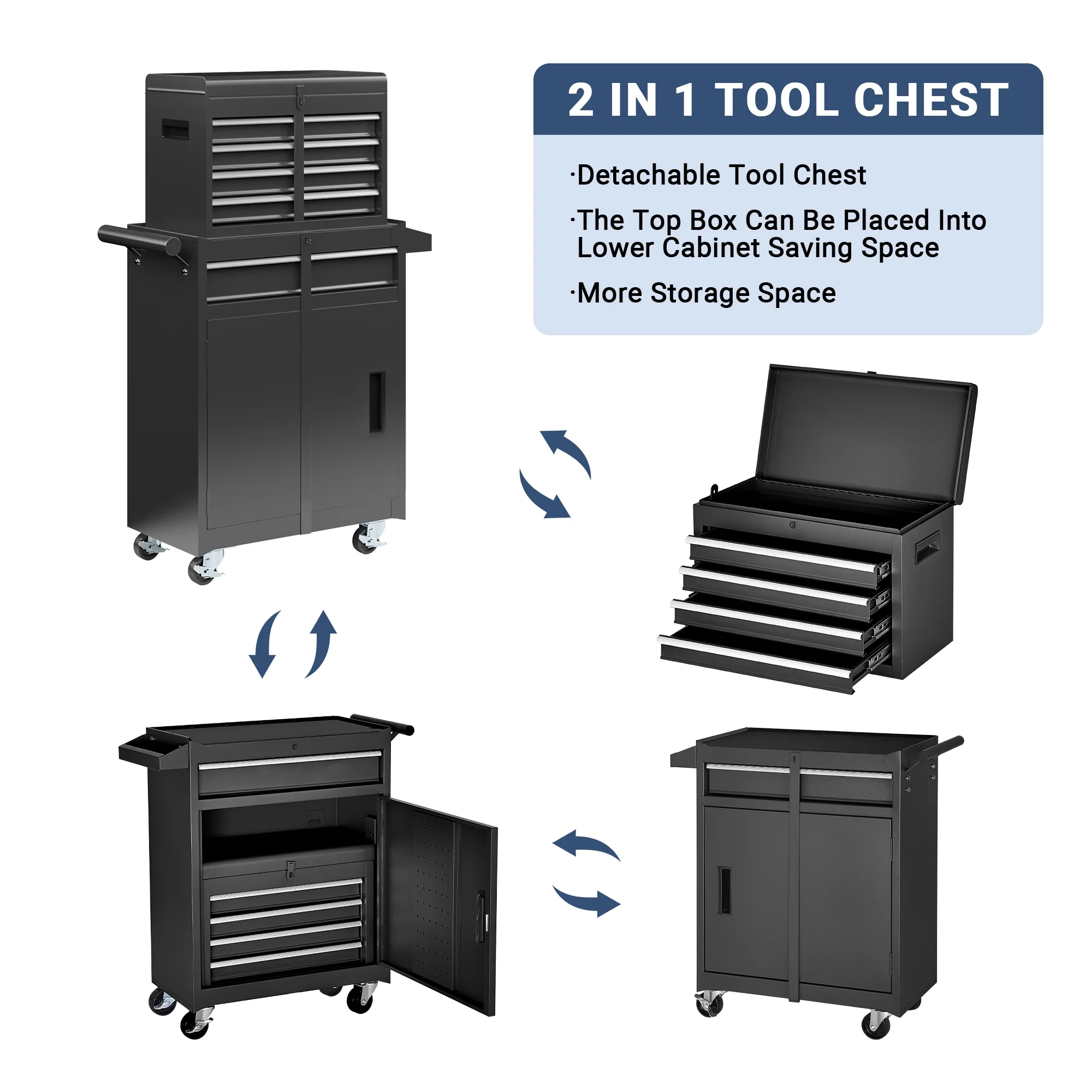 MUCHANT 5-Drawer Rolling Tool Chest, 2-in-1 Tool Box& Cabinet with Wheels, Drawers and Removable Top Tool Box for Garage, Warehouse, Workshop, Repair Shop, Black - Image 4