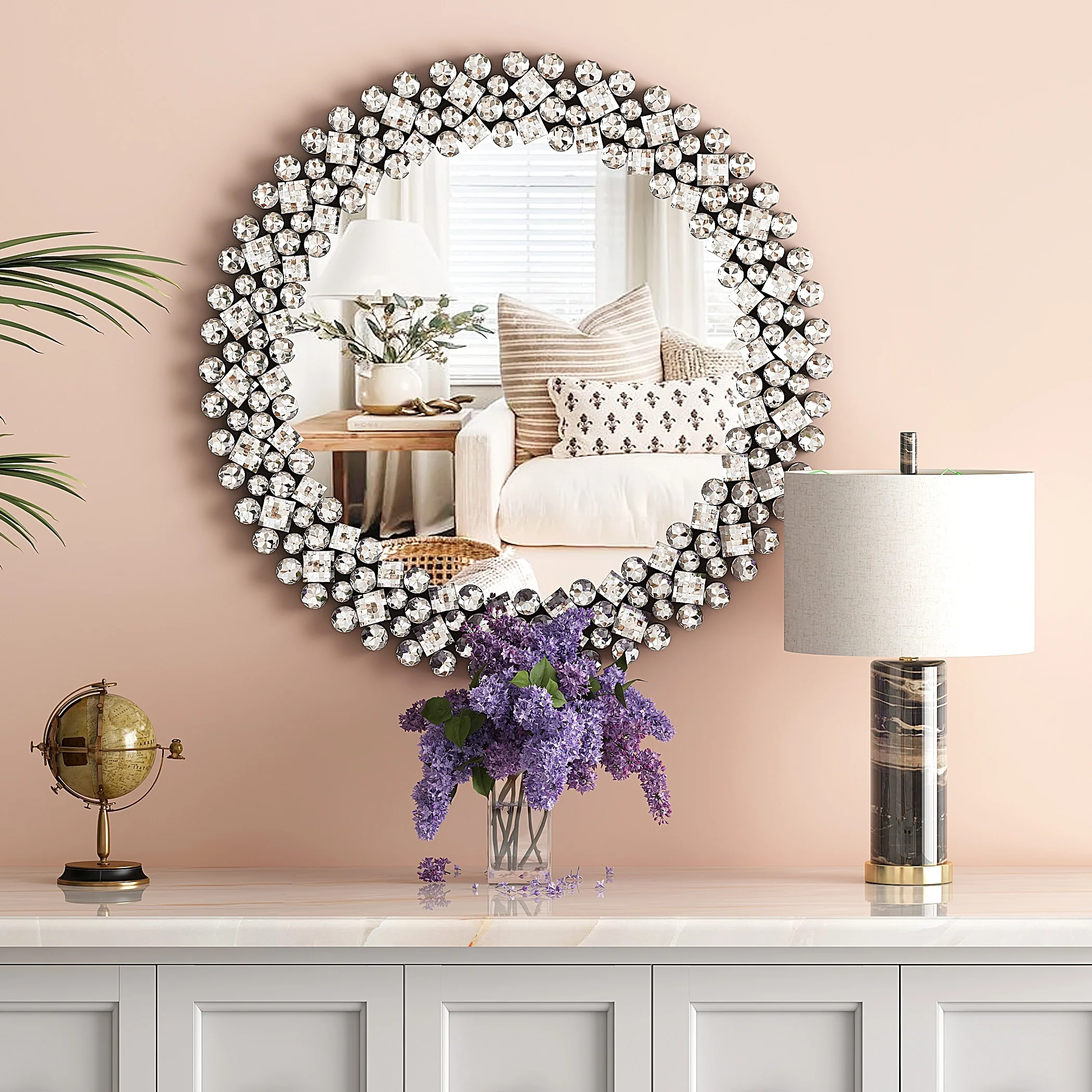 Modern Round Wall Mirror, Crystal Accent Decorative Mirror for Living Room, Bedroom and Entryway - Image 10