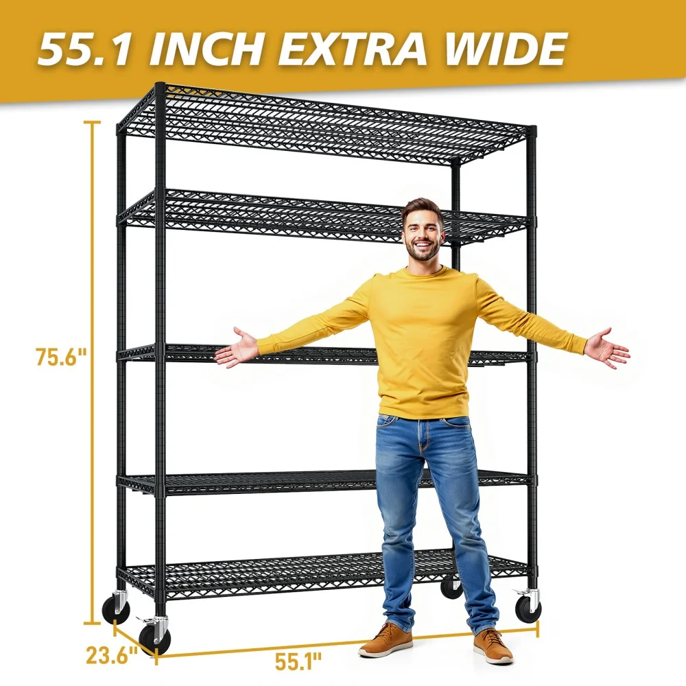 IVV 4-Tier Wire Shelving Unit on Wheels, Rolling Metal Storage Utility Rack, 2500LBS Capacity, Height Adjustable for Restaurant Garage Pantry Kitchen, 55.12"L x 23.62"W x 75.59"H, Black - Image 11