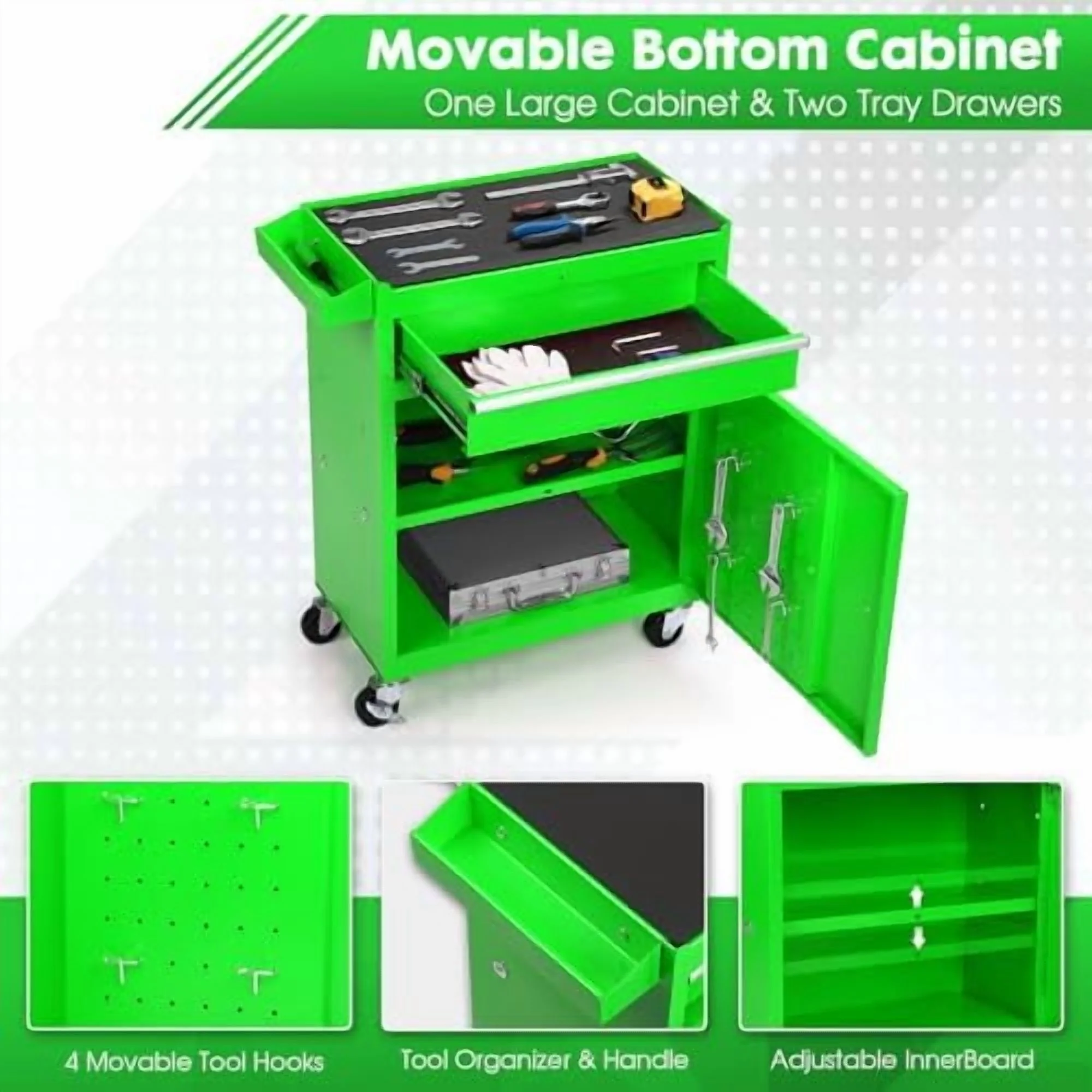 5-Drawer Rolling Tool Chest -C 2-in-1 Lockable Tool Box with Wheels, Sliding Drawers & Detachable Top -C Garage & Workshop Storage Cabinet, Green - Image 6