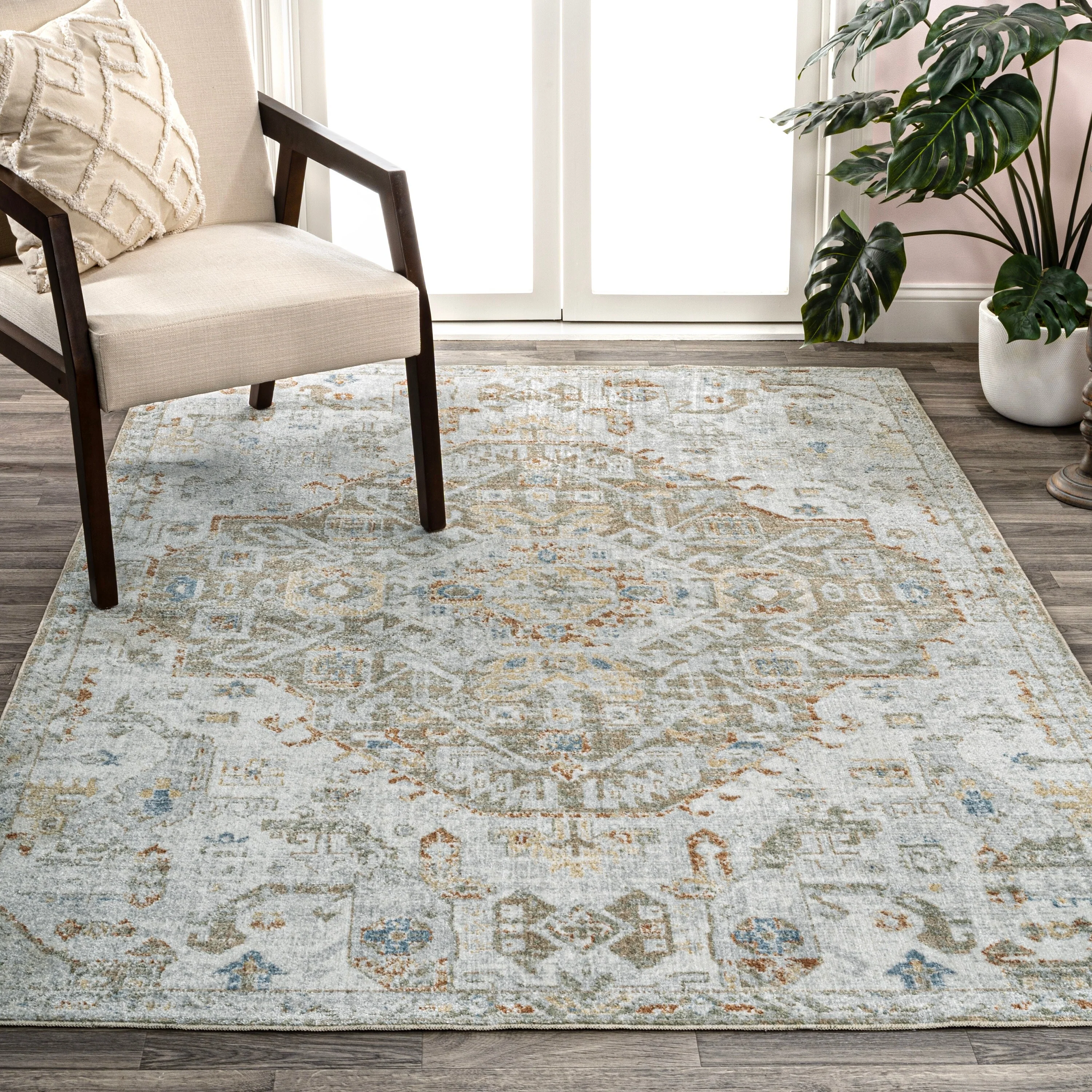 Bohemian Medallion Low-Pile Machine-Washable Area Rug, Cream and Terra - Image 27
