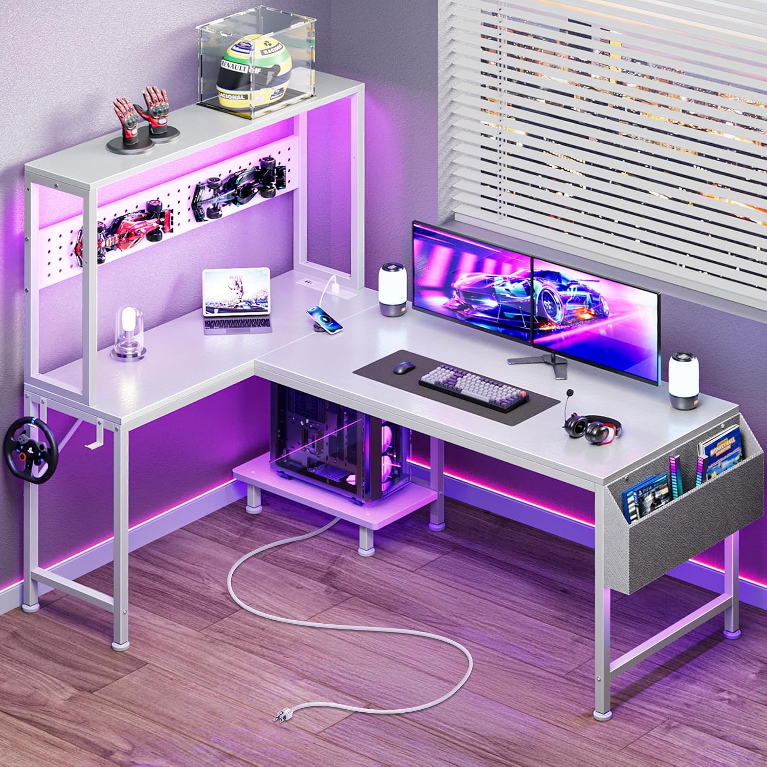 L Shaped Gaming Desk with LED Lights & Power Outlets - Image 11