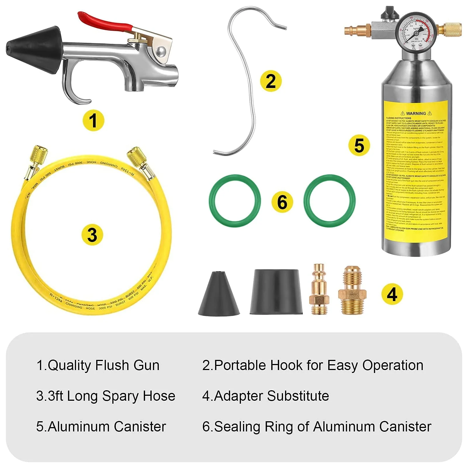 Furvclv AC Flush Kit, Car Air Conditioner System Clean Canister Flushing Tool Set Air Conditioning Pipe Cleaning Bottle for Auto R12 R22 R134A R404 R410A with 220PSI Gauge, Air Plug Fittings and Hose - Image 3