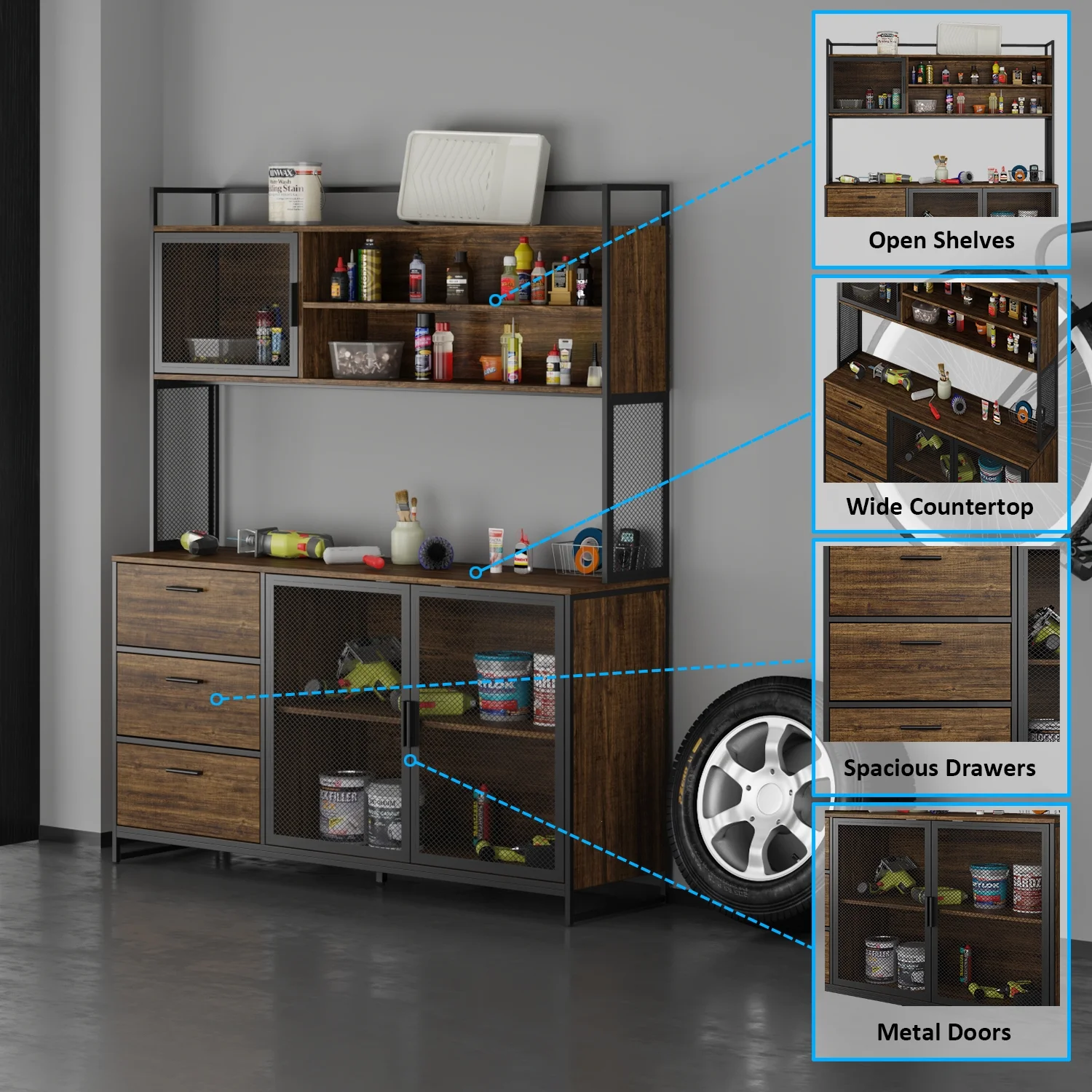 WIAWG Garage Cabinet with 3 Drawers and Metal Mesh Door, Industrial Mutifunctional Tool Storage Cabinet for Warehouse, Basement, Home Office (Walnut) - Image 4