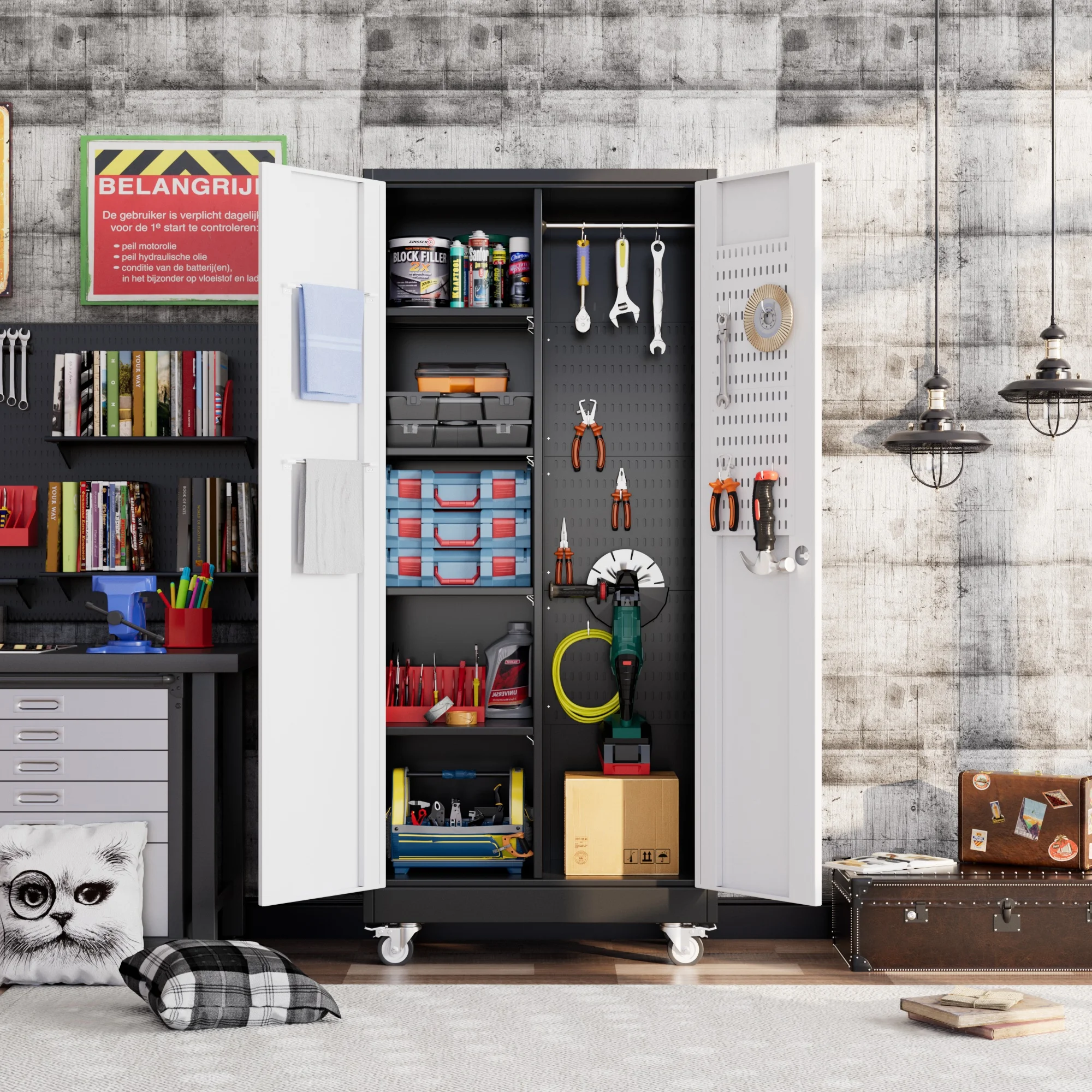 GangMei 71 Inches Tall Metal Garage Storage Cabinets with 5 Adjustable Shelves & Pegboards, Lockable Steel Black Storage Cabinet with Doors for Office, Home, School, Shops, Garage, Assembly required - Image 76