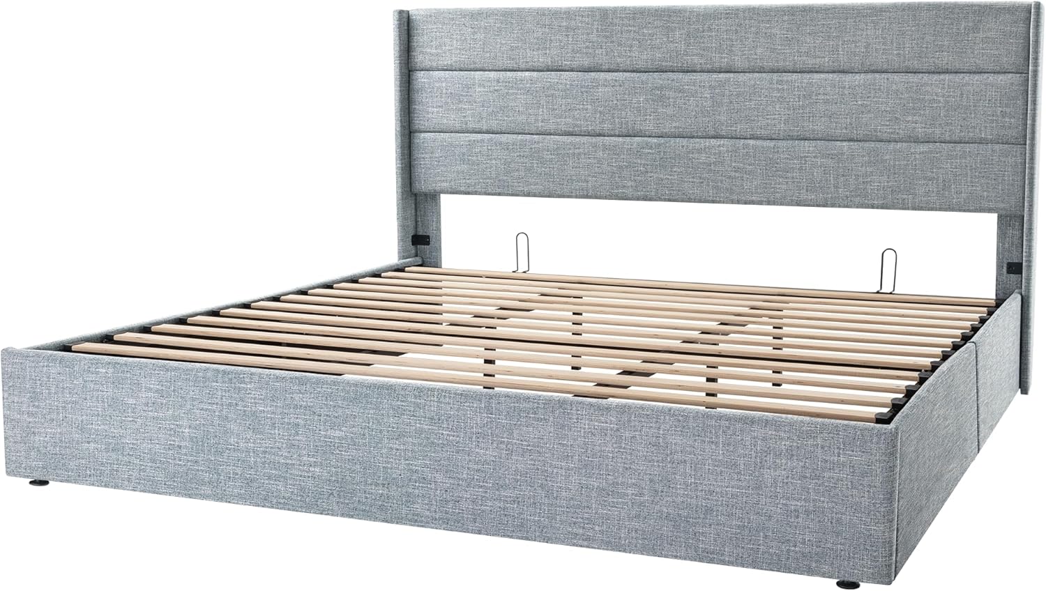 Queen Size Lift Up Storage Bed with Wingback Headboard, Upholstered Platform Bed Frame with Hidden Storage - Image 32