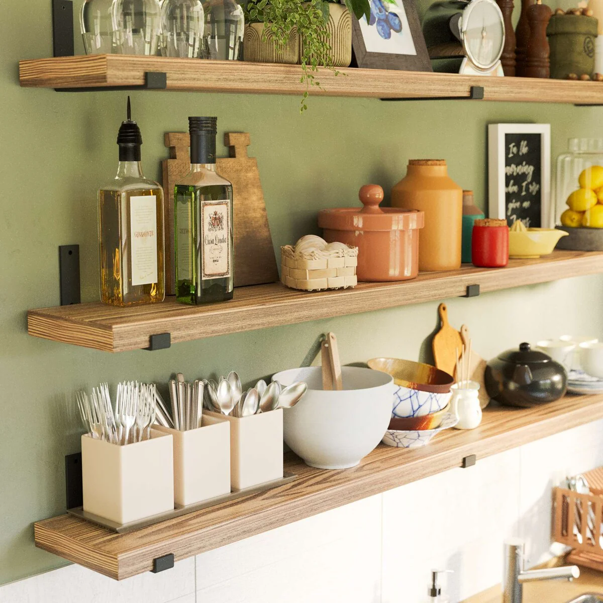 72 Inch Floating Wood Wall Shelves, Set of 3 Burnt Wood Display and Storage Shelves for Home Decor - Image 7