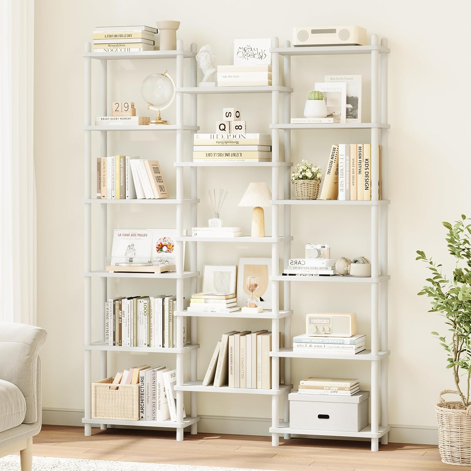Wooden Triple Wide Bookshelf, 5-Tier Large Open Bookcase, White - Image 6