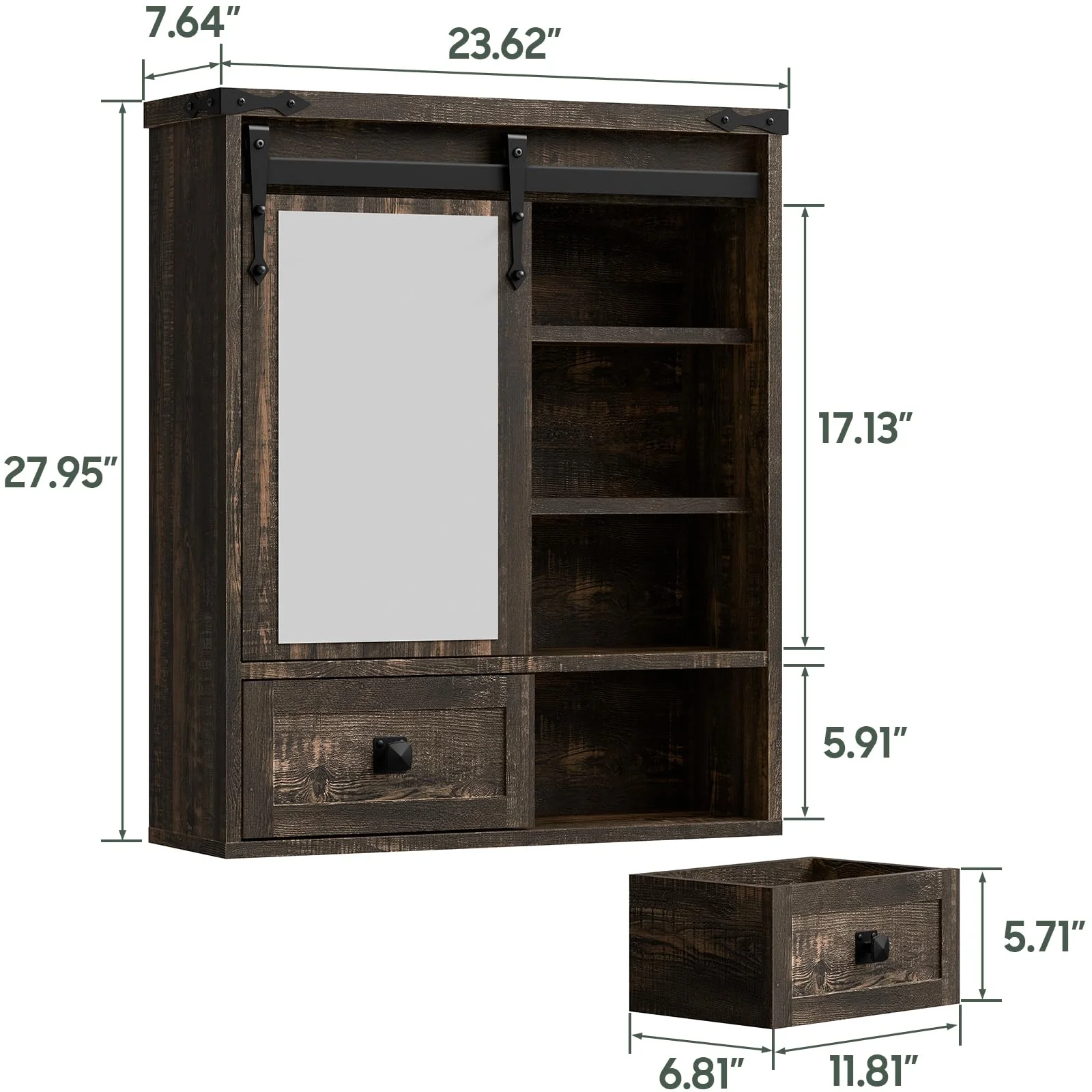 Vabches Farmhouse Bathroom Wall Storage Cabinet with Sliding Mirror Door, Adjustable Shelves, Over The Toilet Storage, Dark Rustic Oak - Image 4