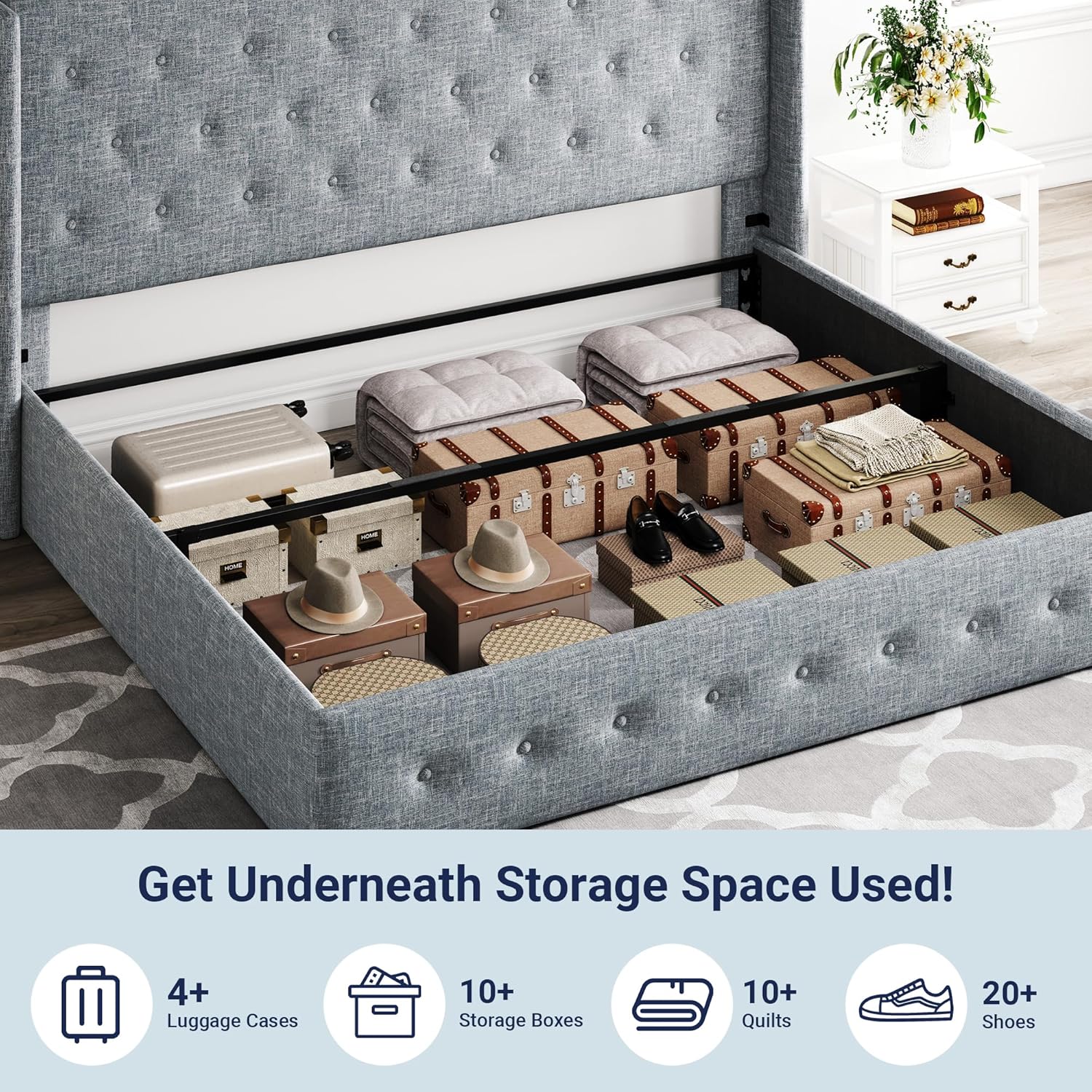 Queen Size Lift Up Storage Bed with Wingback Headboard, Upholstered Platform Bed Frame with Hidden Storage - Image 68