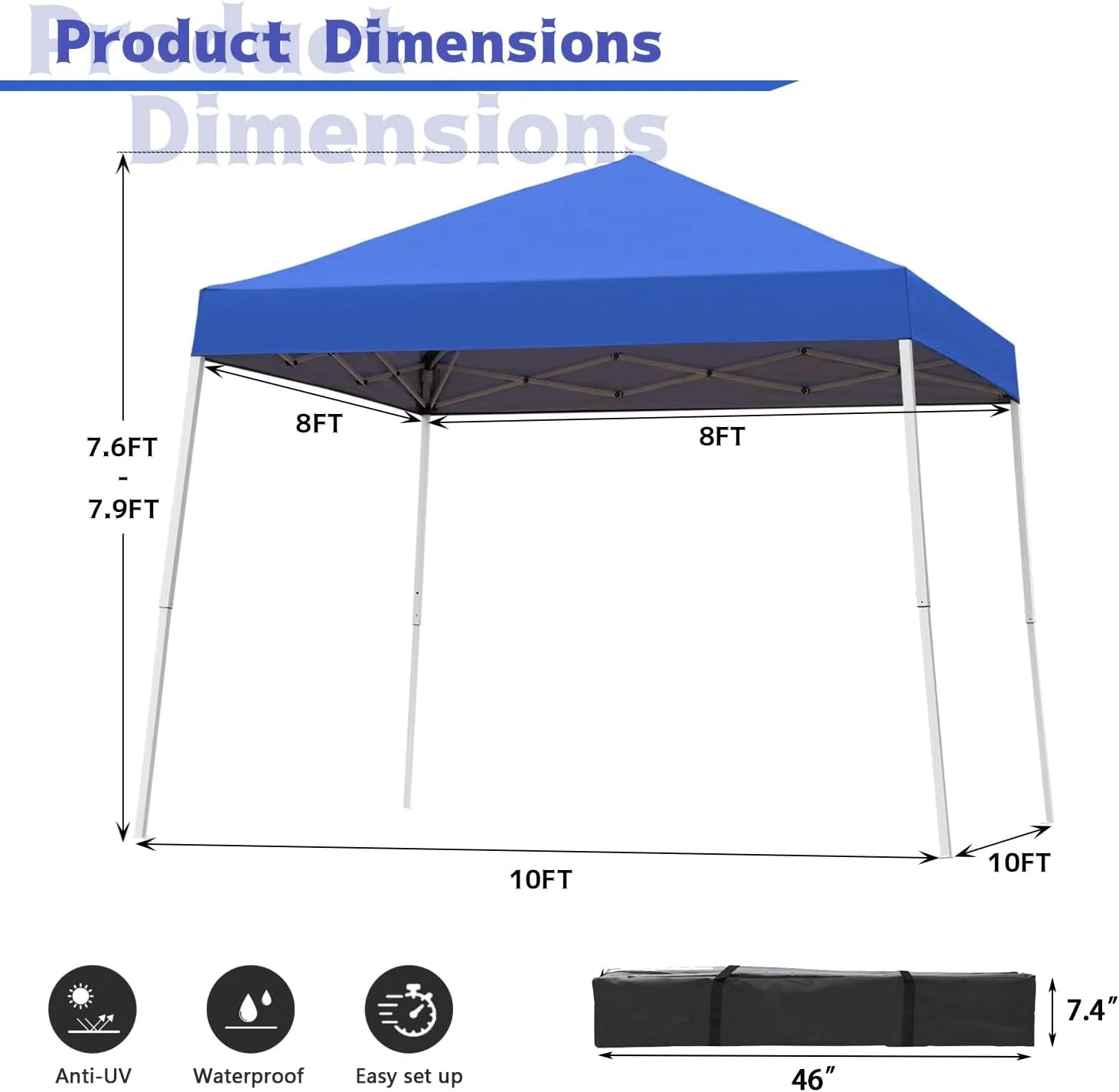 Canopy Tent, 10X10 FT Pop Up Canopy Outdoor Instant Tent Slant Legs with Carrying Bag, Portable Gazebo Shelter for Patio Deck Garden and Beach - 8X8 FT Canopy Cover (Dark Blue) - Image 12