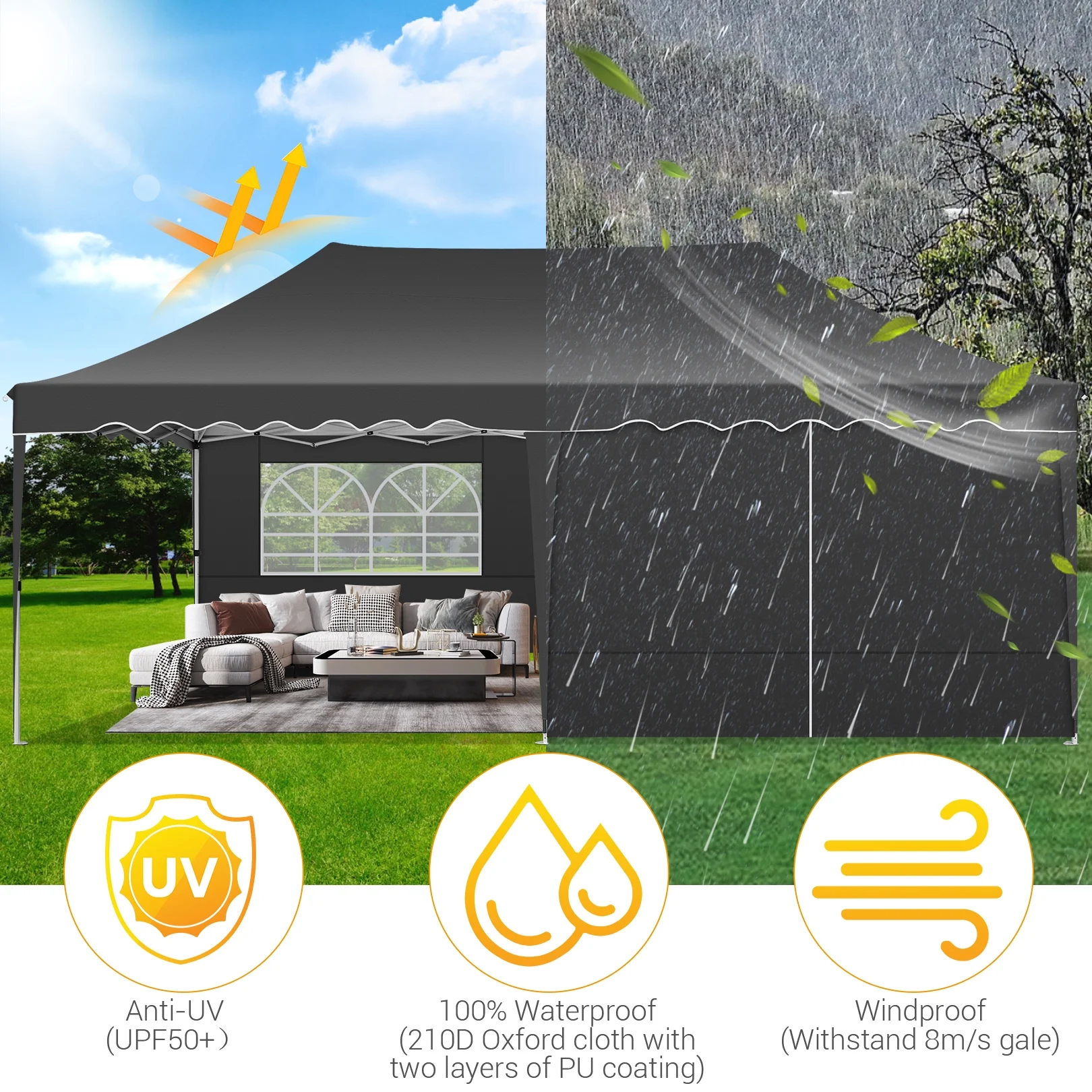 SANOPY 10' x 20' Pop up Canopy Party Tent with 6 Removable Sidewalls, Wave Eave Outdoor Waterproof Patio Gazebo Tent with Carry Bag, Backyards Camping Picnics, Black - Image 13