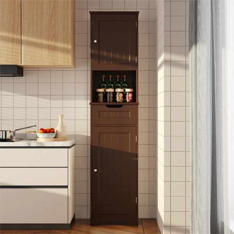 67 Inch Tall Narrow Bathroom Linen Cabinet, 5-Tier Solid Wood Freestanding Storage Cabinet - Image 8