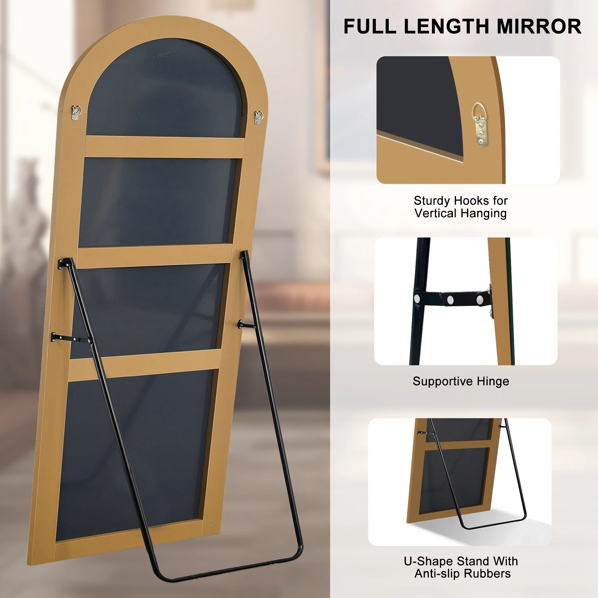 Arched Full Length Wood Floor Mirror, Full Body Standing and Wall Mounted Mirror for Bedroom, Living Room and Home Decor - Image 66