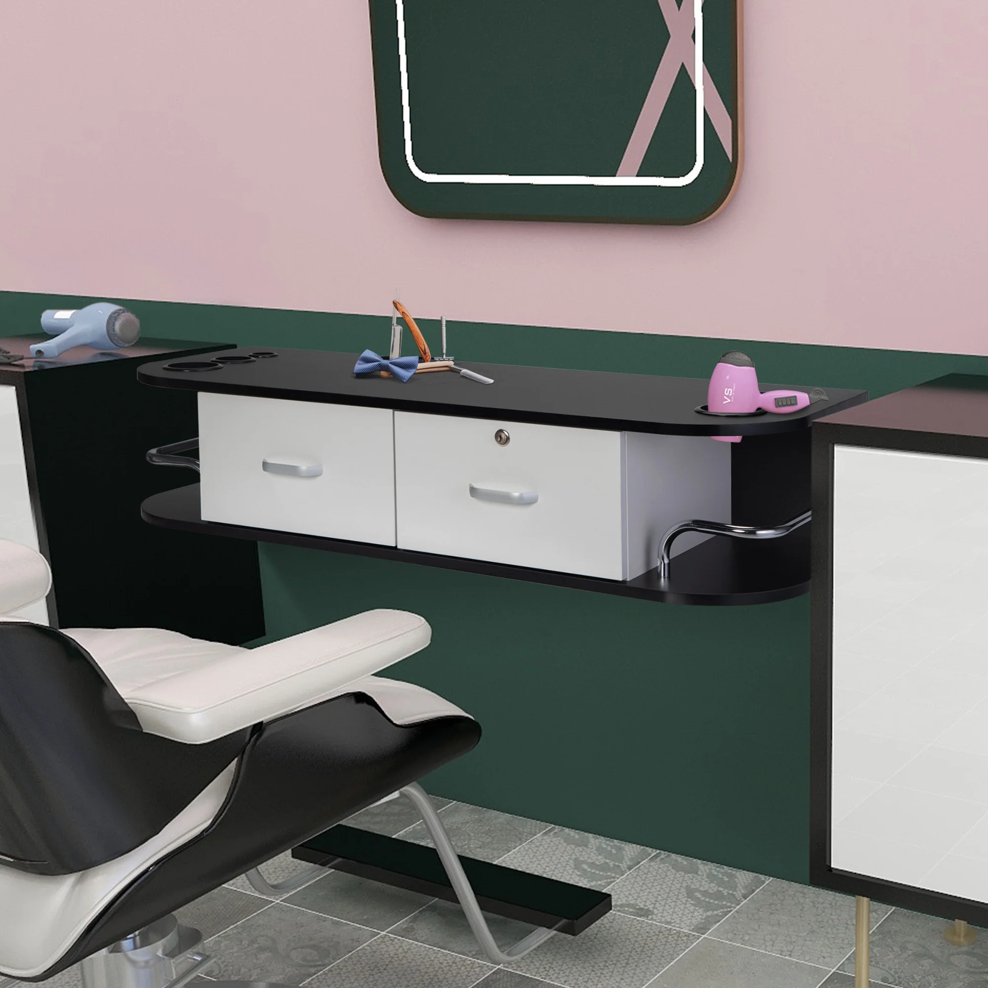 RESHABLE Modern Wall-Mounted Salon Station Barber Cabinet with Locking Drawer Storage Table for Hair Stylist Black - Image 30