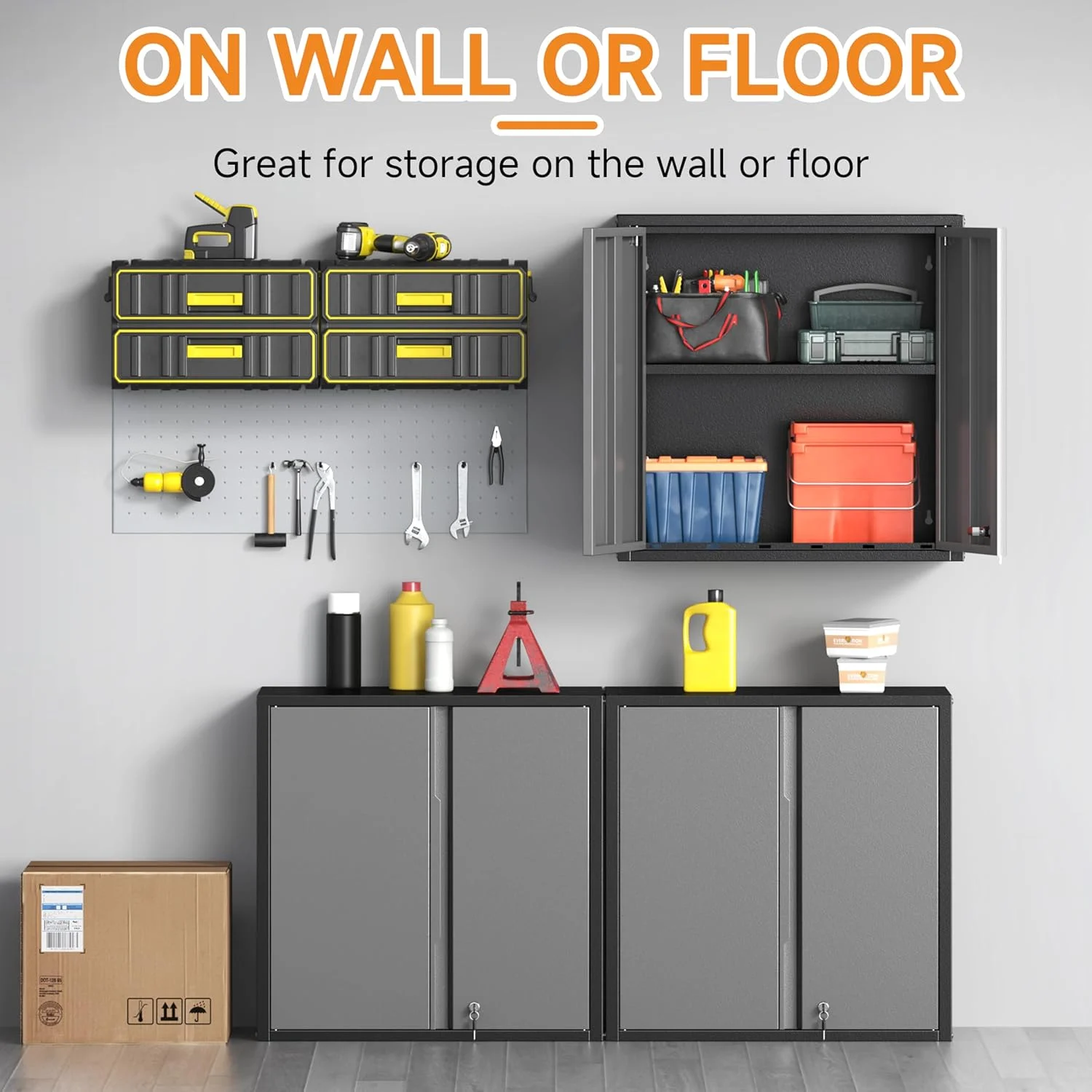 Metal Garage Wall Cabinet with Doors and Adjustable Shelf,Lockable Floating Tool Cabinet with Pegboard,Steel Storage Cabinet for Kitchen,Office,Garage,Laundry,Warehouse(Black&Gray, 26" H) - Image 5