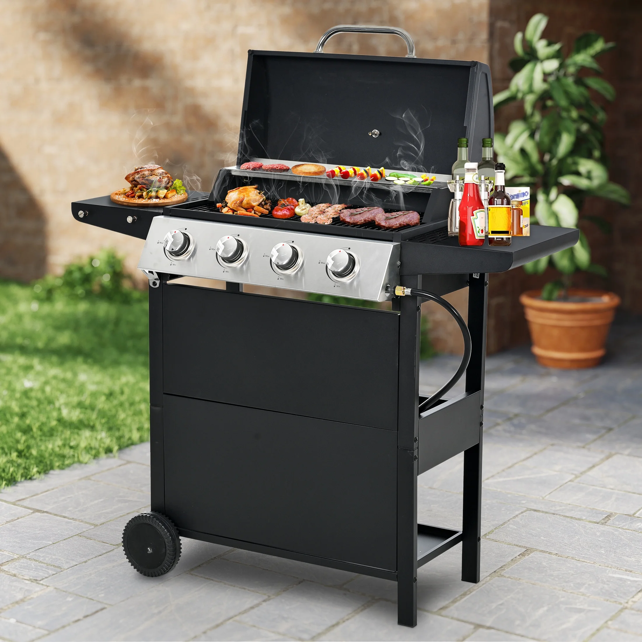 Segmart 3 Burner BBQ Propane Gas Grill, Stainless Steel 30,000 BTU Patio Garden Barbecue Grill with Folding Side Tables, Hanging Basket & Thermometer, Perfect for Camping, Outdoor Cooking - Image 12