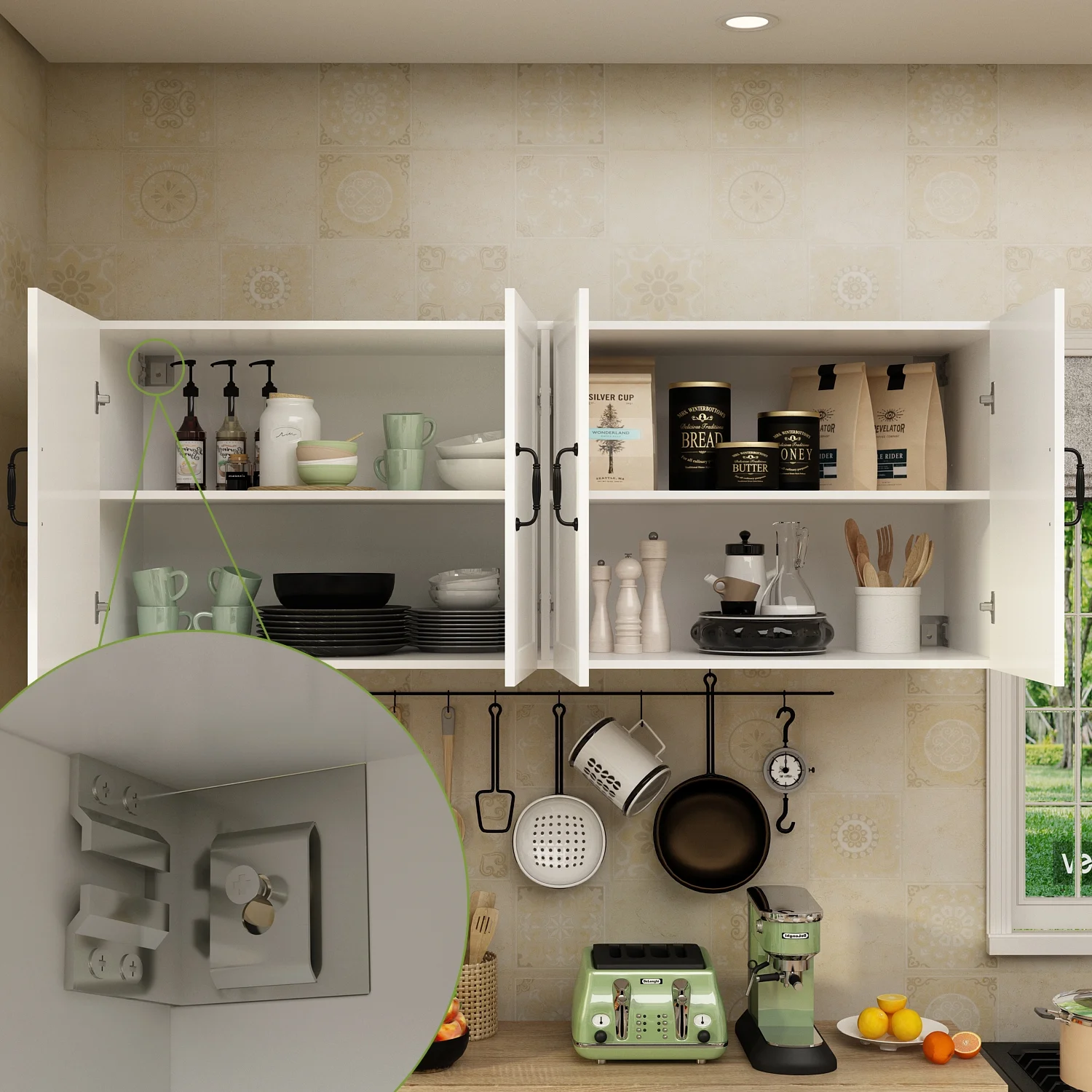 KULAGAGA Kitchen Cabinet with Wall Mounted Hutch, Sideboard Storage Cupboard with Drawers for Home, White - Image 2