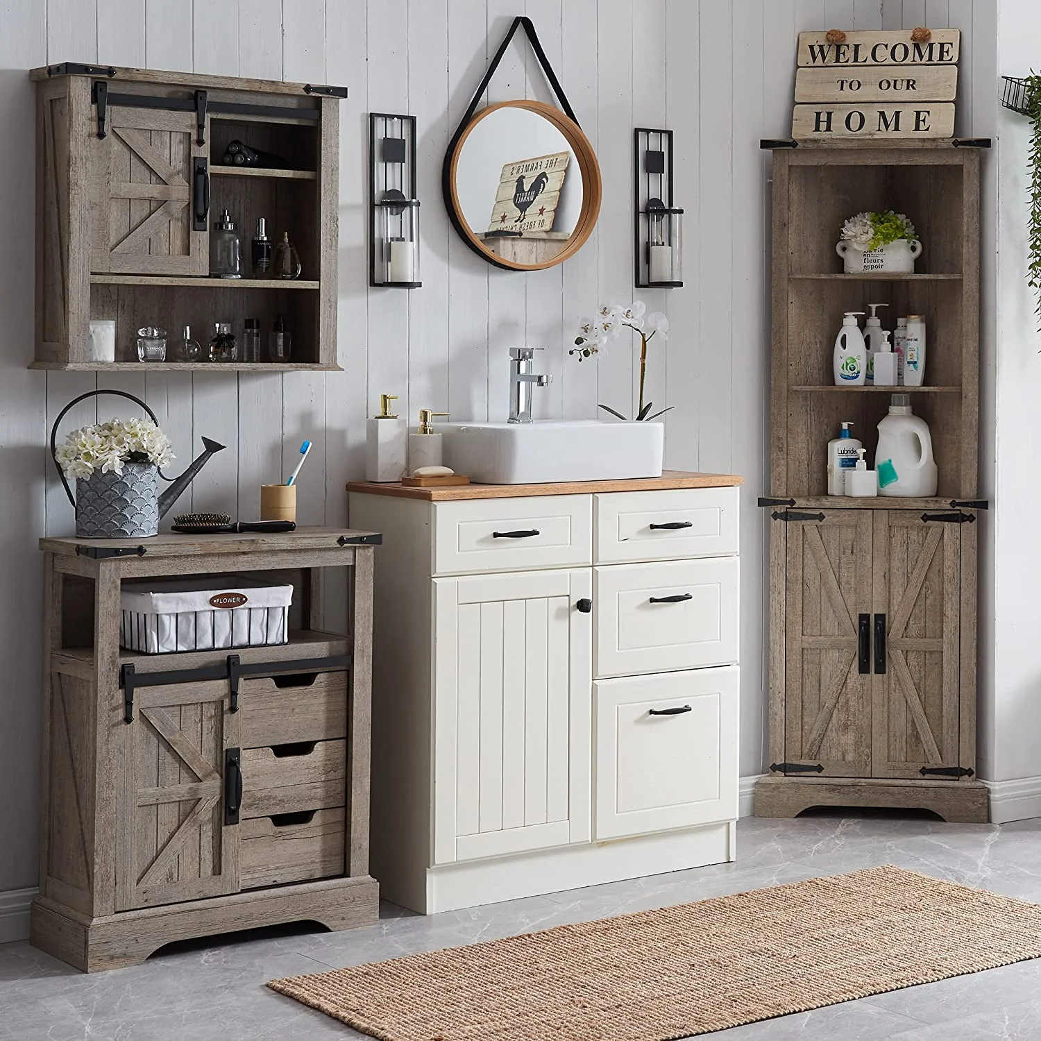 OKD Farmhouse Bathroom Storage Cabinet with 3 Drawers and Adjustable Shelves Wooden Rustic Accent Entryway Cupboard, Antique White - Image 19