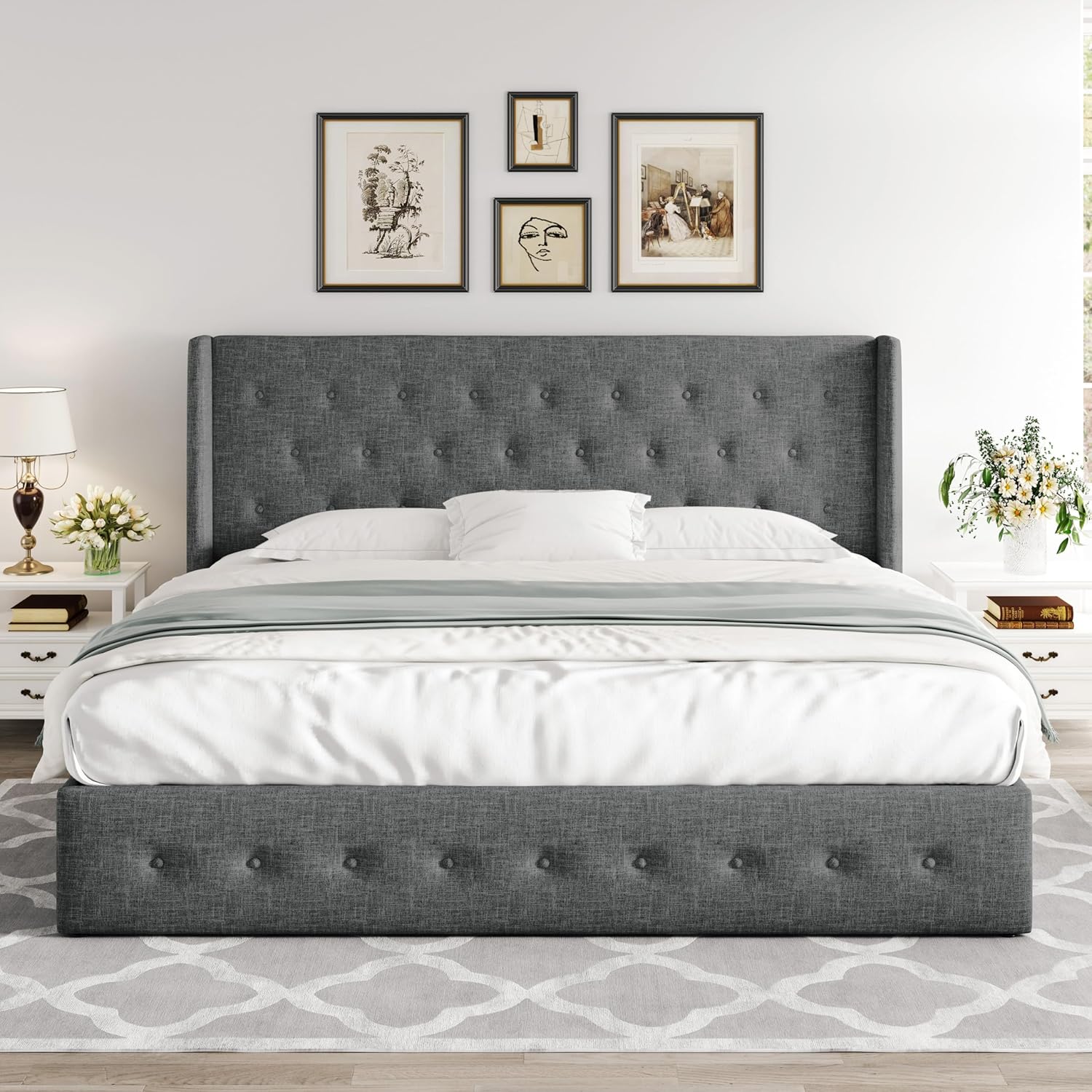 Queen Size Lift Up Storage Bed with Wingback Headboard, Upholstered Platform Bed Frame with Hidden Storage - Image 76