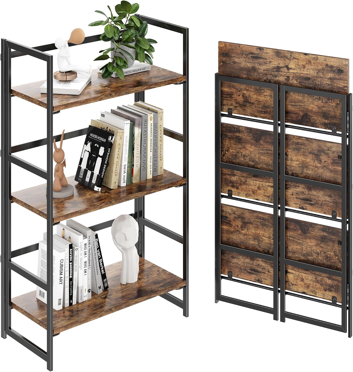 Vintage Multifunctional Folding Bookshelf, No-Assembly Plant Stand Storage Rack Shelves for Home Office (White, 5-Tier) - Image 8
