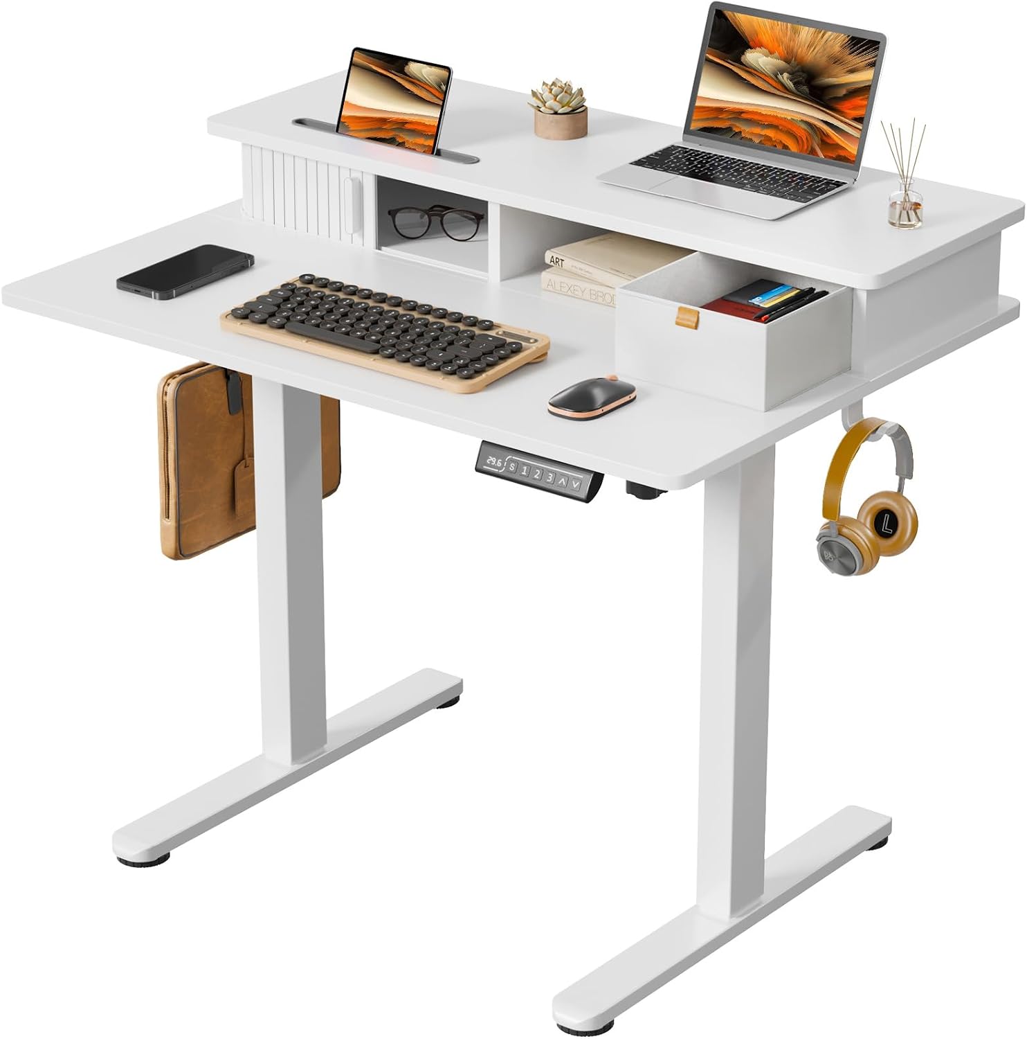 35" Small Electric Standing Desk with Monitor Stand & Drawer Stand Desk - Image 2