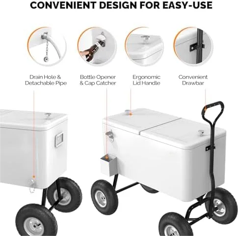 80 Quart Wagon Rolling Cooler Ice Chest, /Long Handle and 10" Wheels, Portable Beach Patio Party Bar Cold Drink Beverage, Outdoor Park Cart on Wheels - Image 6