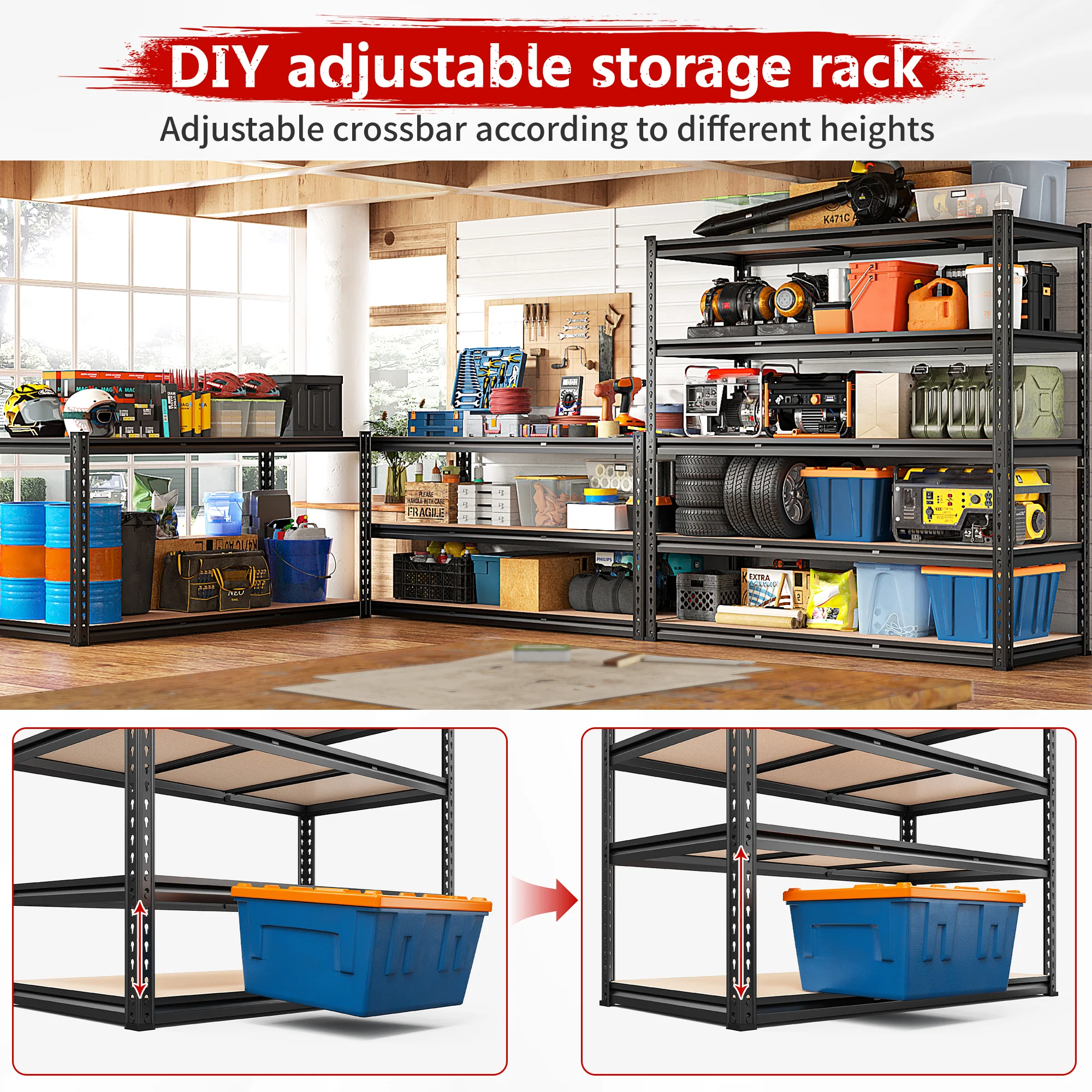 REIBII 48"W Heavy Duty Shelving 3000LBS Steel Shelving Adjustable Garage Storage Industrial Shelf,48"W x 24"D x 72"H - Image 7