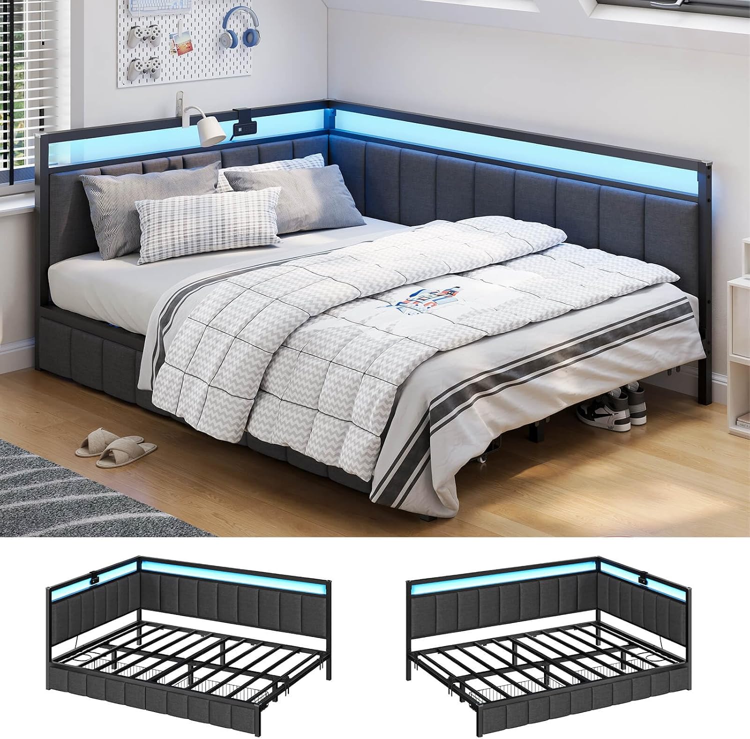 Corner Bed Frame with Storage Drawers, Twin Daybed with Line Fabric Upholstered Fence, Kids Bed Unit with LED Light and Charging Station, Modern Bed Frame Twin Size, Beige - Image 5