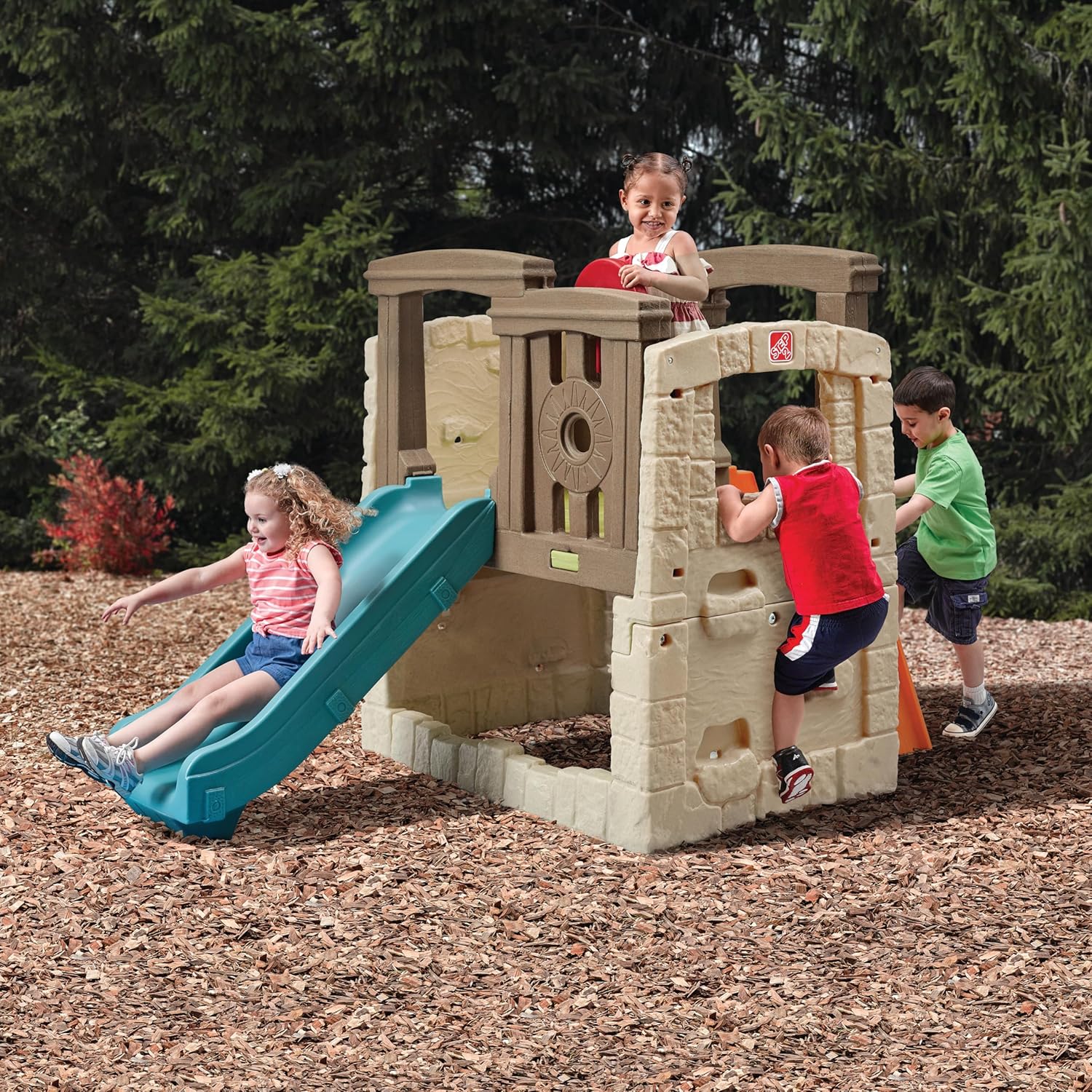 Kids Outdoor Playset with Slide & Climbing Wall, Backyard Playground Equipment for Children - Image 6