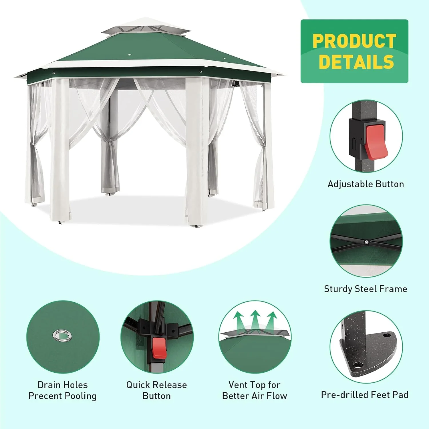 Pop Up Gazebo 13x13ft, Hexagonal Outdoor Canopy Shelter, Instant Patio Gazebo Tent with Mesh Netting and Strong Steel Frame for Patio Backyard Garden Wedding Party - Image 9
