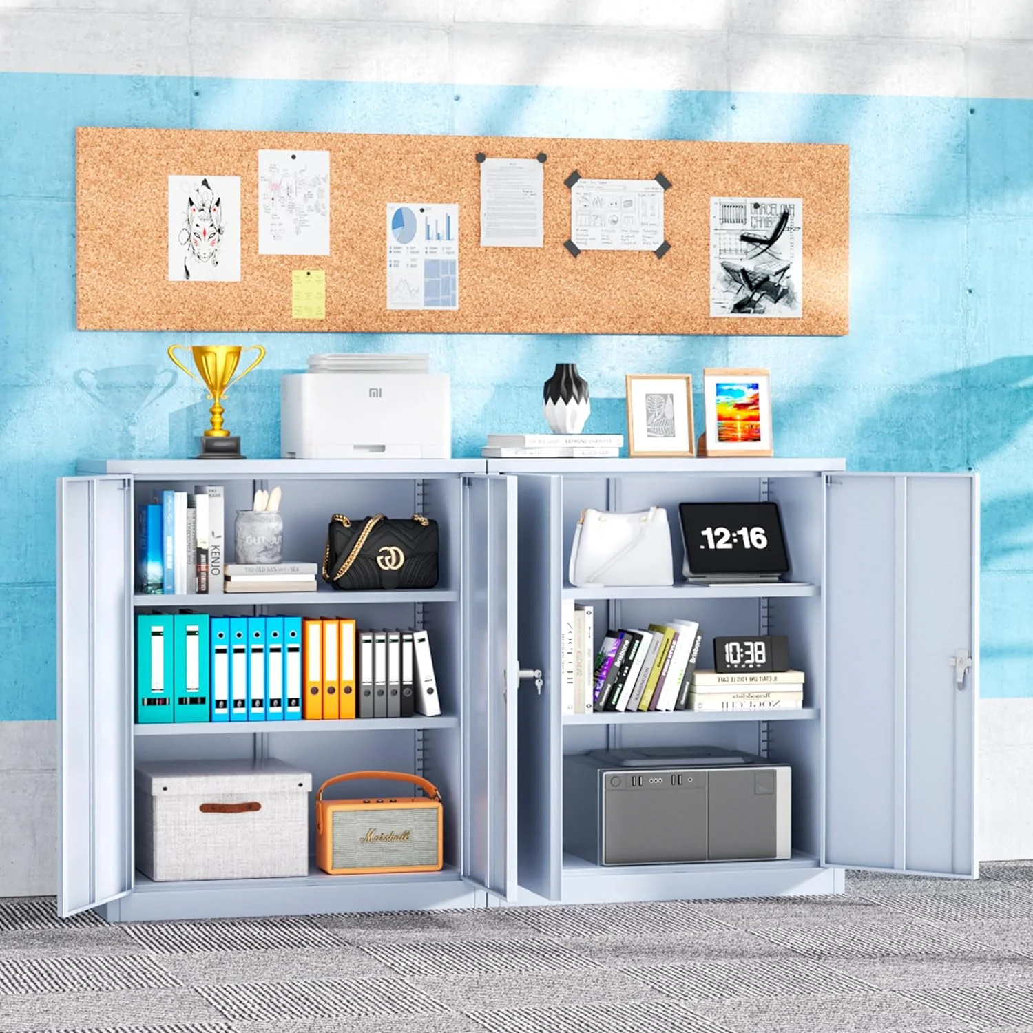 Superday Locking Metal Storage Cabinet with 2 Drawers, Lockable Garage Storage Cabinet with Locking Doors and Adjustable Shelves, Tool Cabinets for Home Office, School, Etc - Image 2