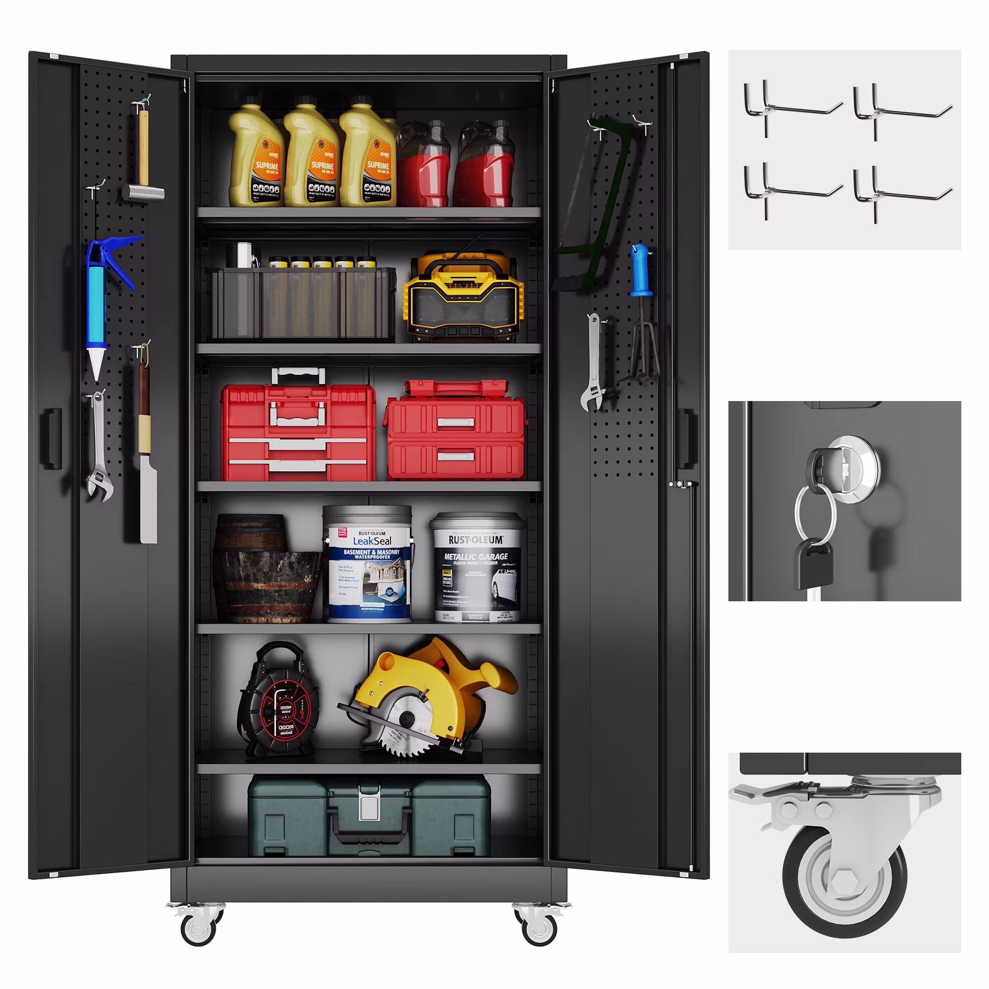 Gaeanet Rolling Tool Storage Cabinet with 5 Adjustable Shelves and Pegboard,Metal Garage Storage Cabinet with Wheels for Garage Home Office Utility Room,71" H-32" W-16" D,Required Assembly, Black