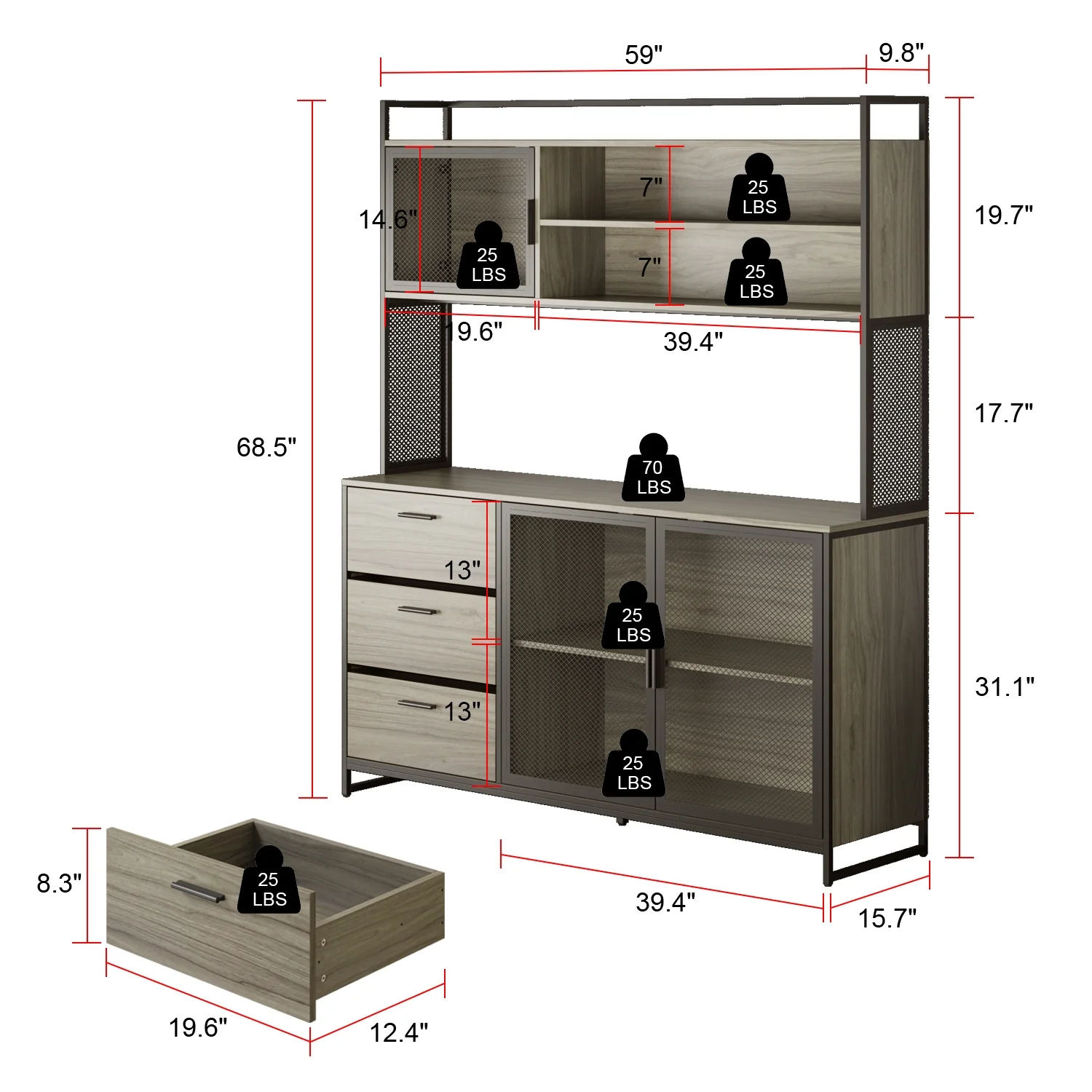WIAWG Garage Cabinet with 3 Drawers and Metal Mesh Door, Industrial Mutifunctional Tool Storage Cabinet for Warehouse, Basement, Home Office (Walnut) - Image 16