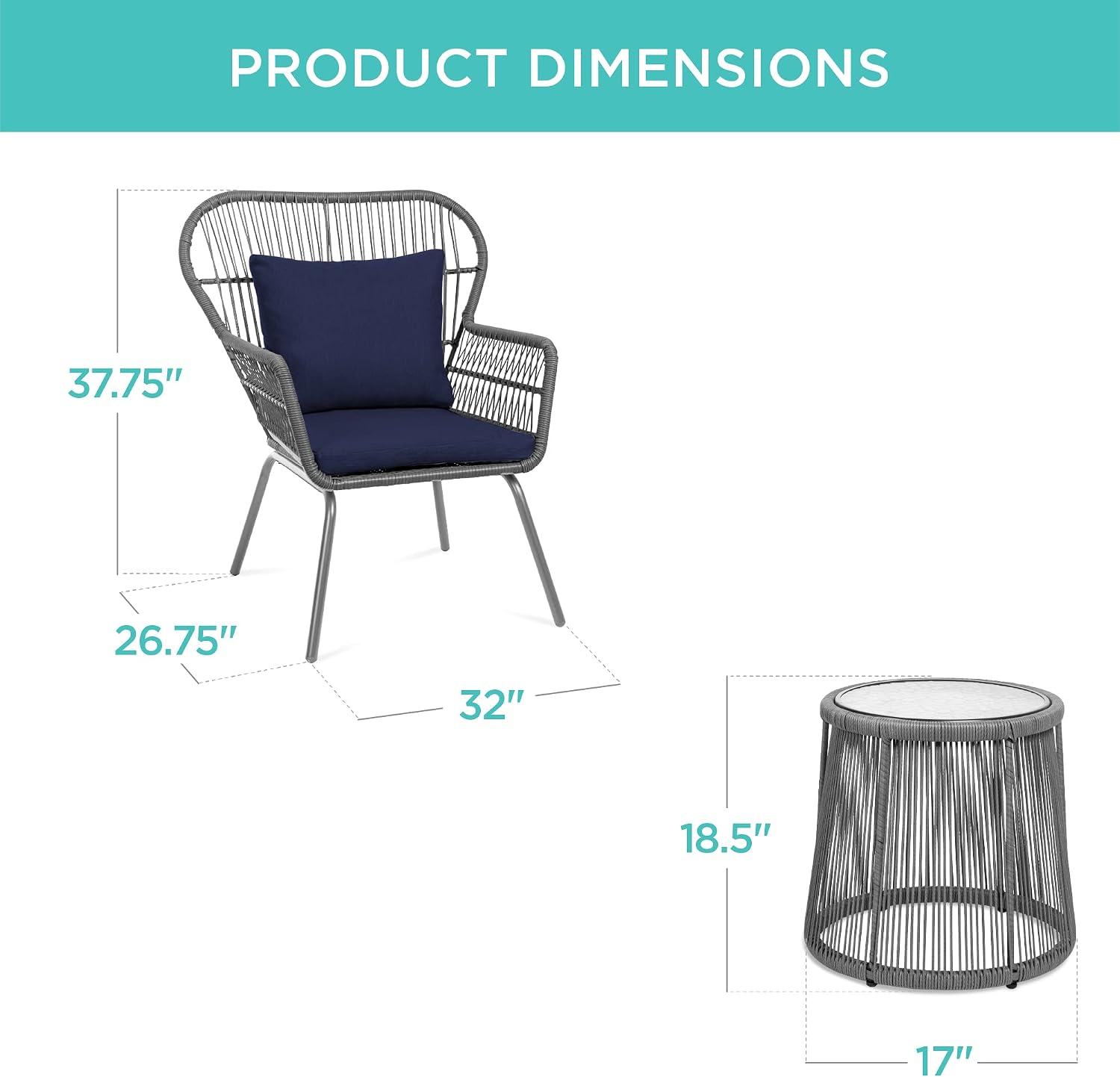 3-Piece Patio Conversation Bistro Set, Outdoor All-Weather Wicker Furniture for Porch, Backyard w/ 2 Wide Ergonomic Chairs, Cushions, Glass Top Side Table - Gray/Navy - Image 2