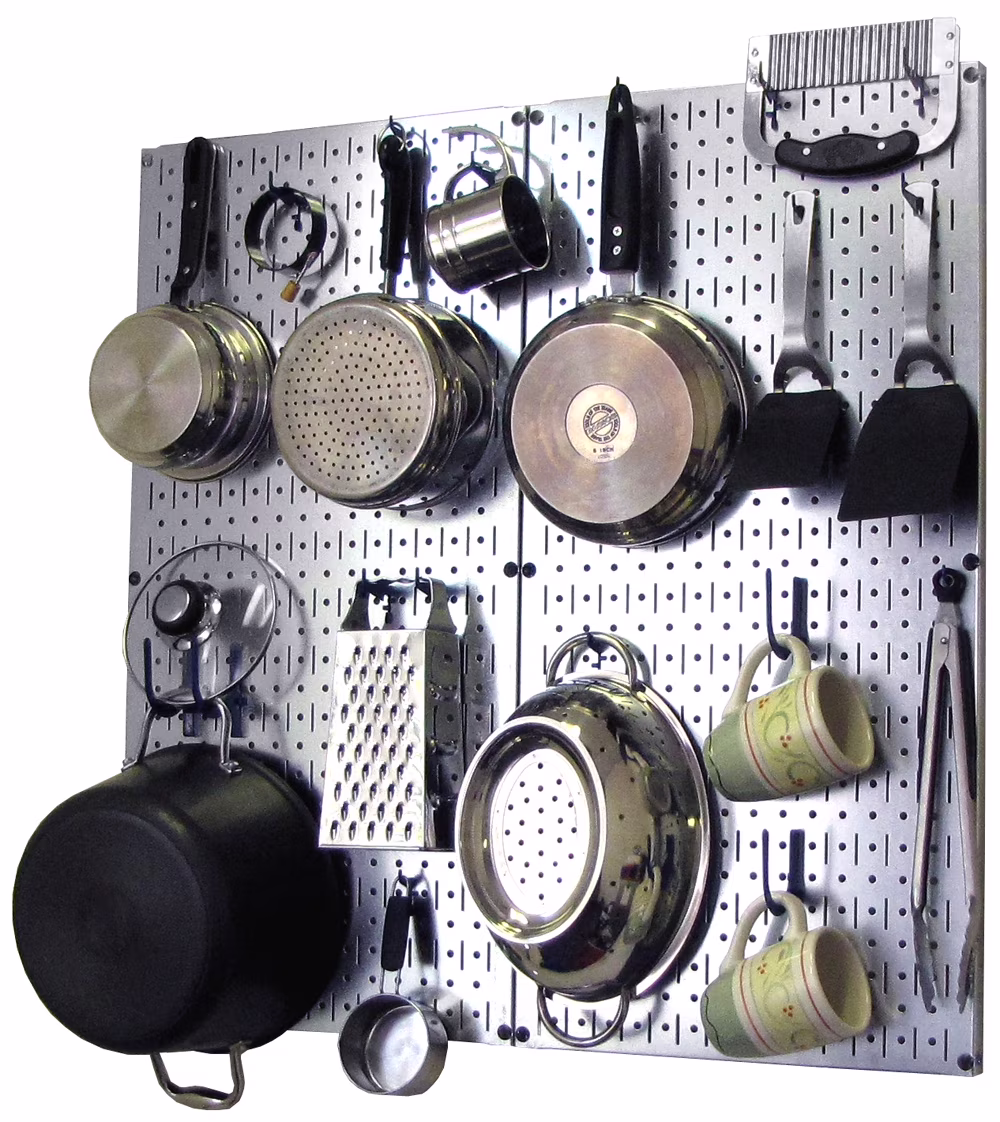 Wall Control Kitchen Pegboard Organizer Pots and Pans Pegboard Pack Storage and Organization Kit with Metallic Silver Pegboard and Blue Accessories