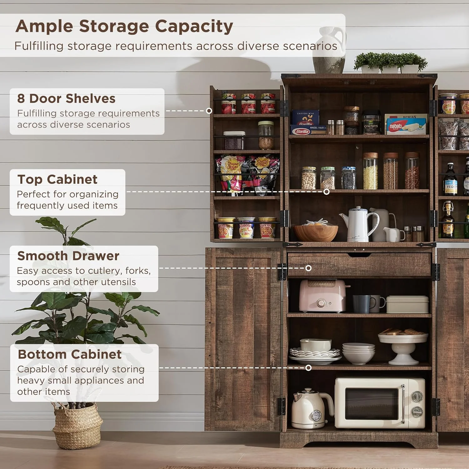 47" Kitchen Pantry, Farmhouse Storage Cabinet with Barn Doors, Organizer and Adjustable Shelves, Rustic Wood Cupboard for Kitchen, Dining Room, Bathroom and Hallway, Black - Image 14